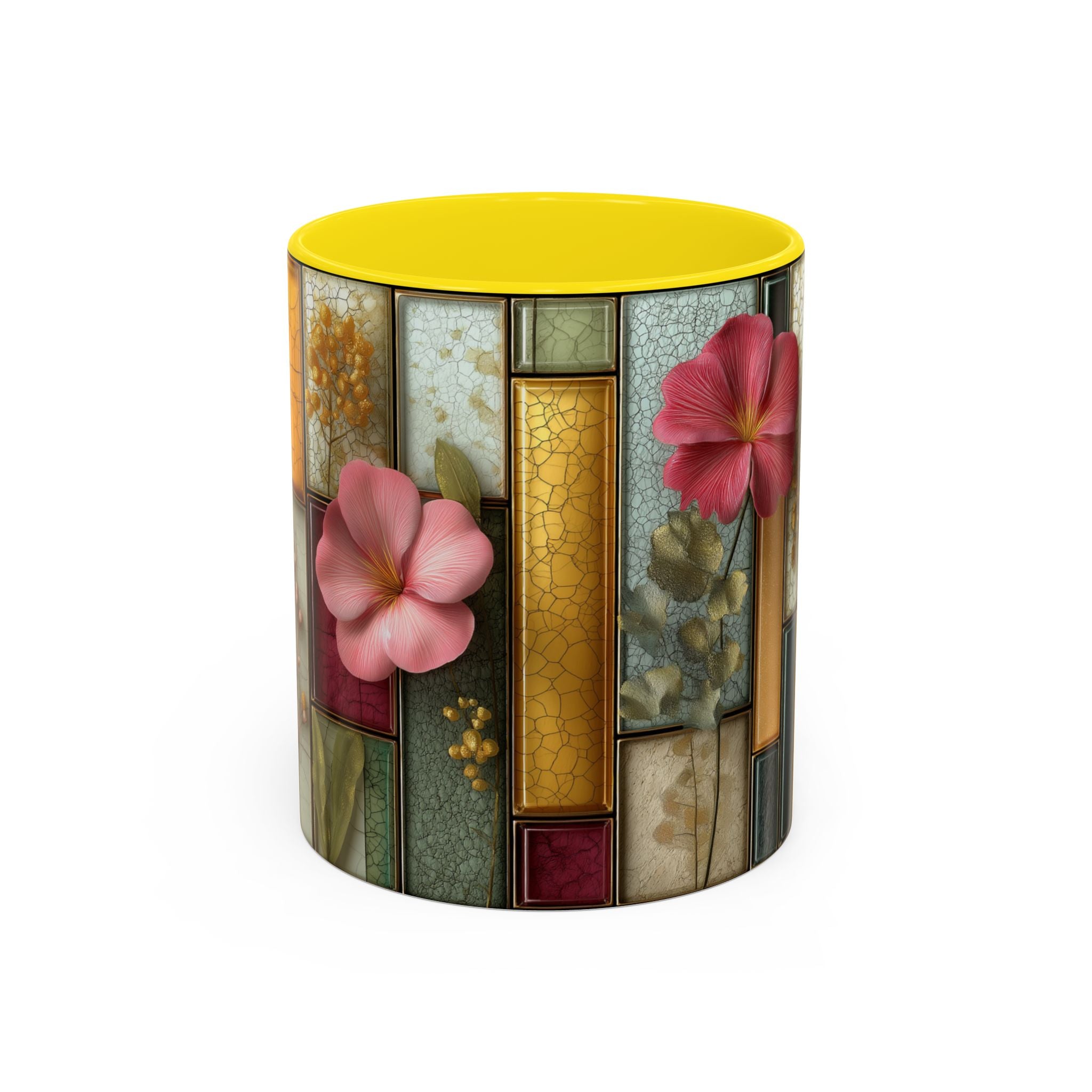 Floral Stained Glass Accent Coffee Mug — Botanical Patchwork Design (11/15 oz)
