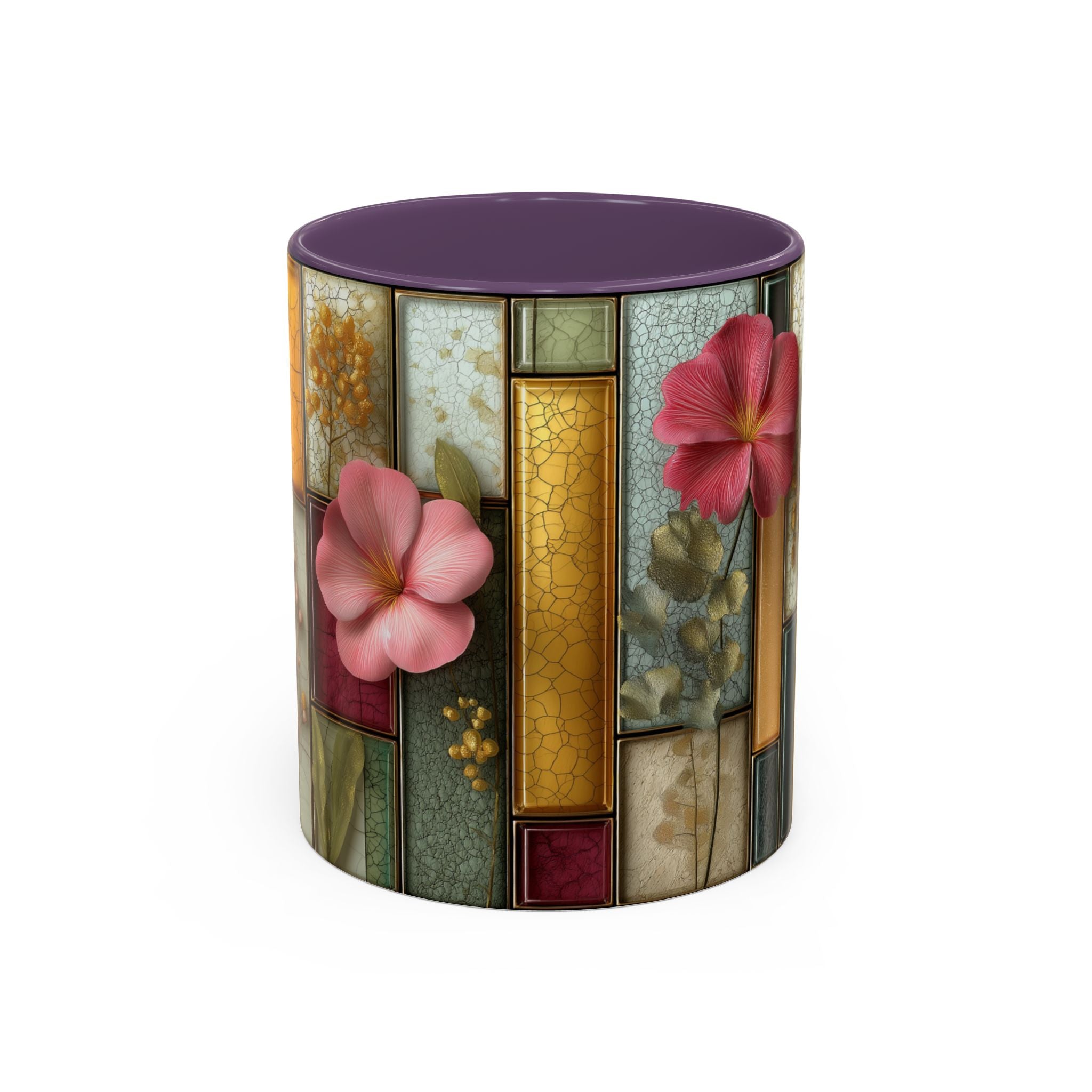 Floral Stained Glass Accent Coffee Mug — Botanical Patchwork Design (11/15 oz)
