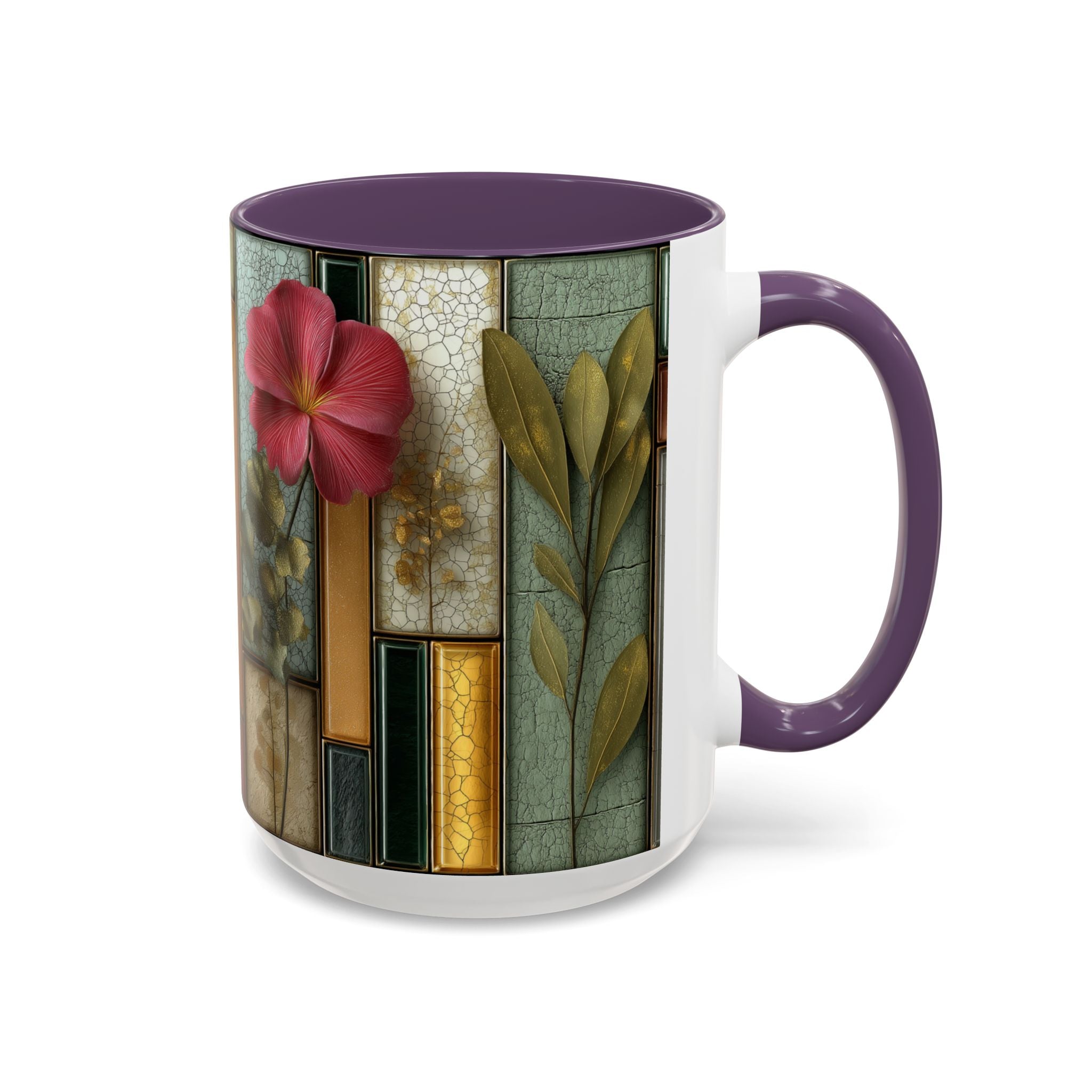 Floral Stained Glass Accent Coffee Mug — Botanical Patchwork Design (11/15 oz)