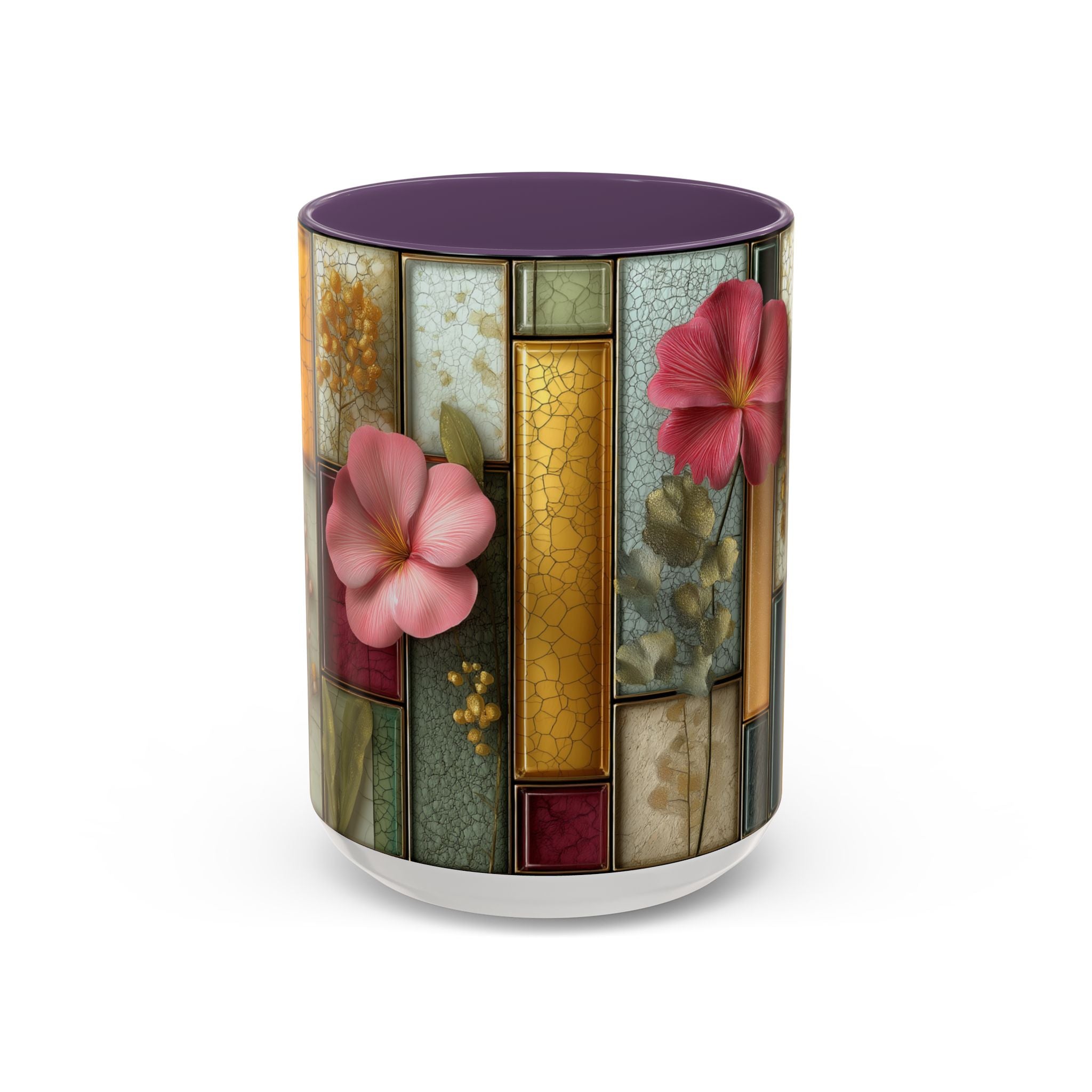 Floral Stained Glass Accent Coffee Mug — Botanical Patchwork Design (11/15 oz)