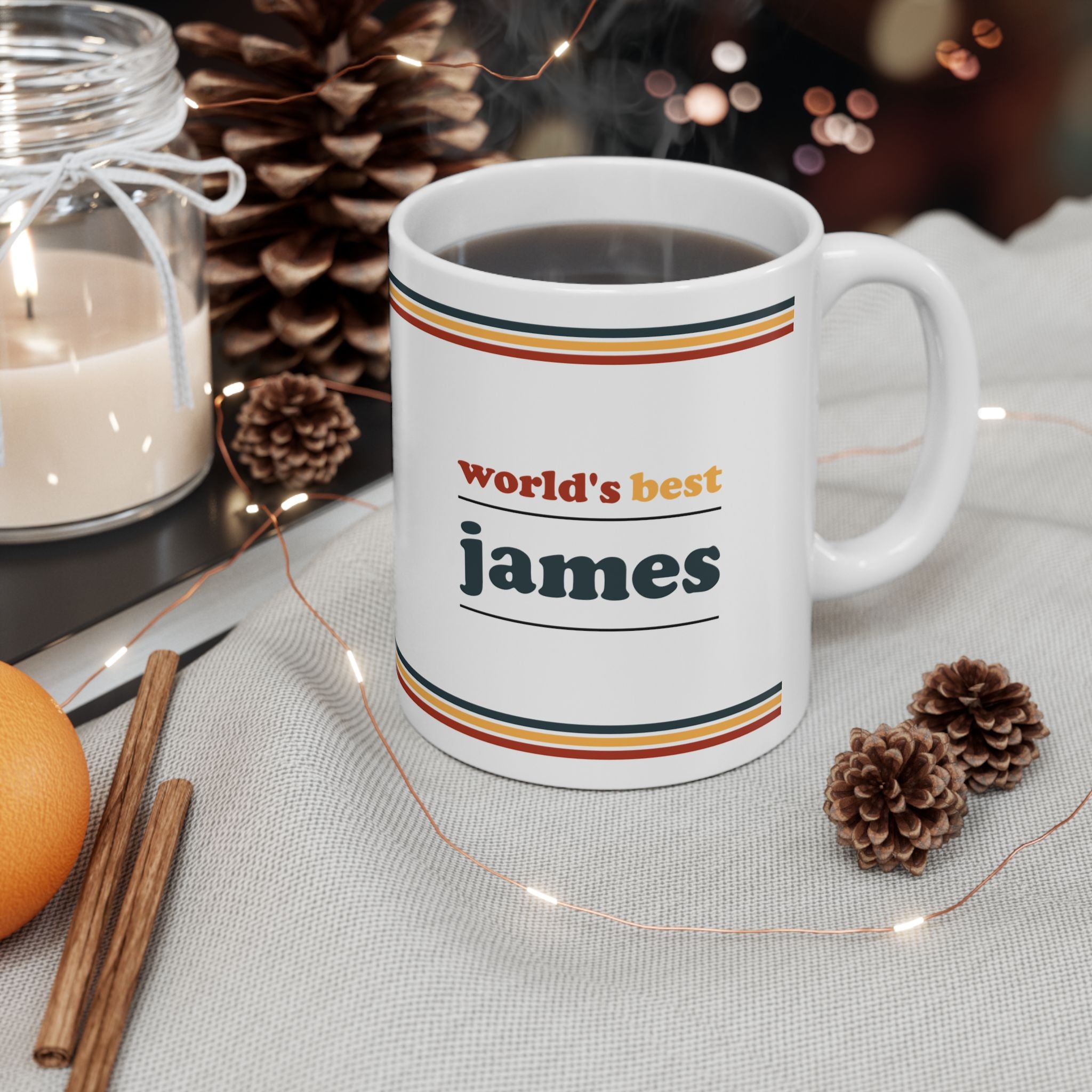 Retro Stripe Ceramic Mug – 'World's Best - Custom Name' Mug (11oz & 15oz) - 02