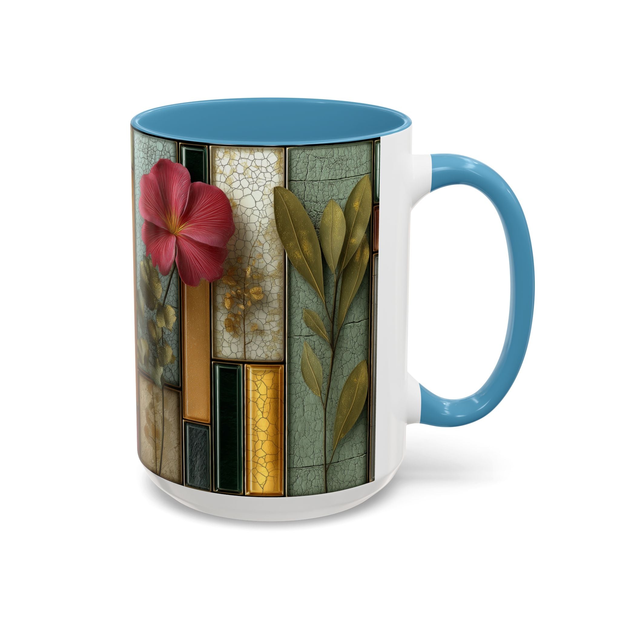 Floral Stained Glass Accent Coffee Mug — Botanical Patchwork Design (11/15 oz)
