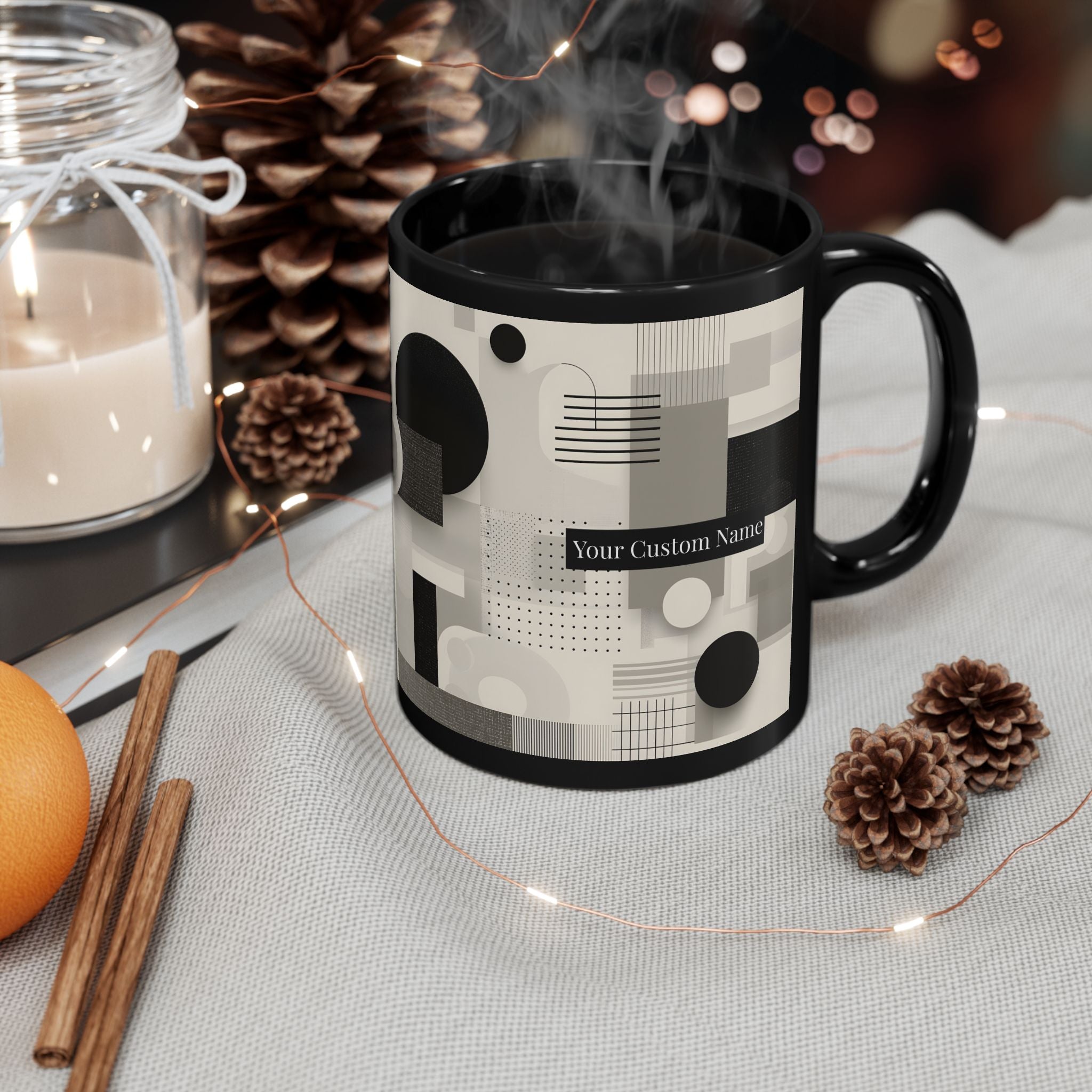 Modern Geometric Black Mug. Custom Name 11oz/15oz. 04