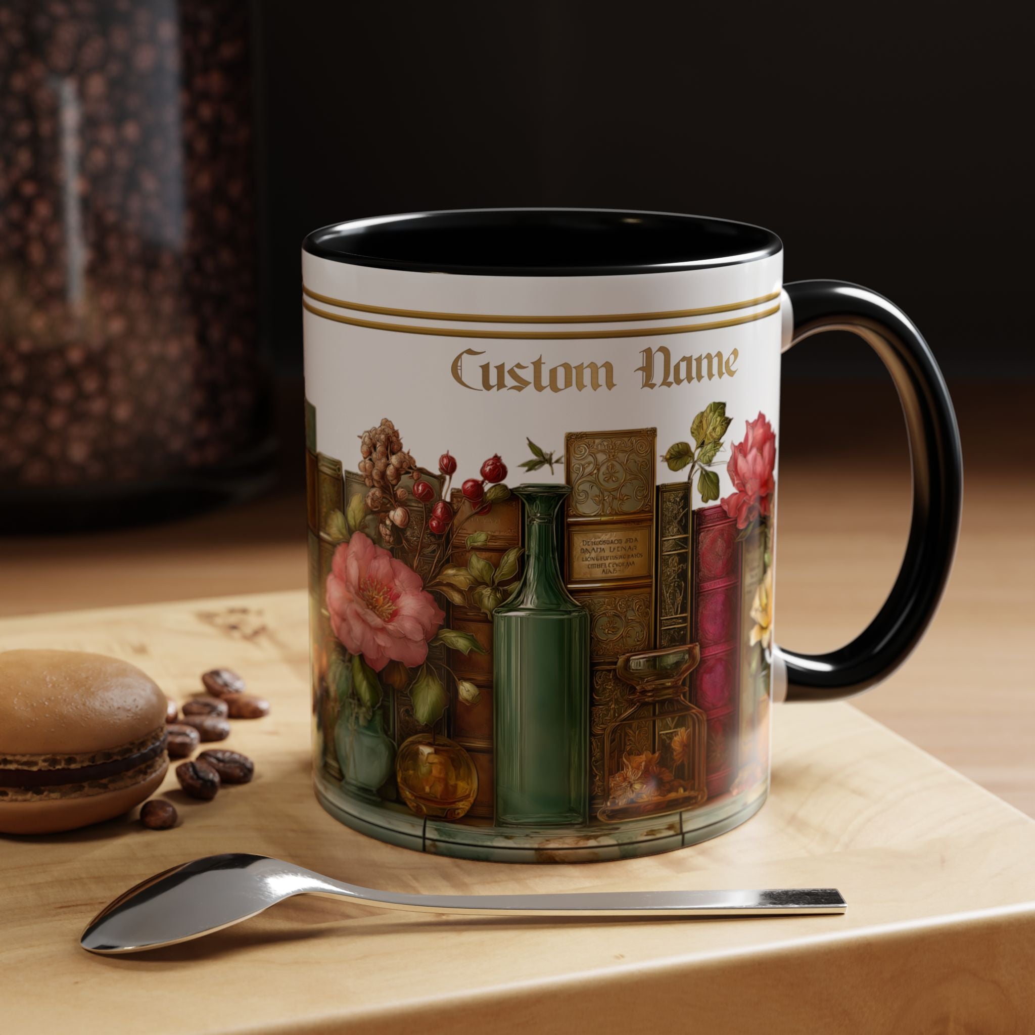 Floral Vintage Books Accent Coffee Mug — Personalized Name Option (11/15 oz) - 01