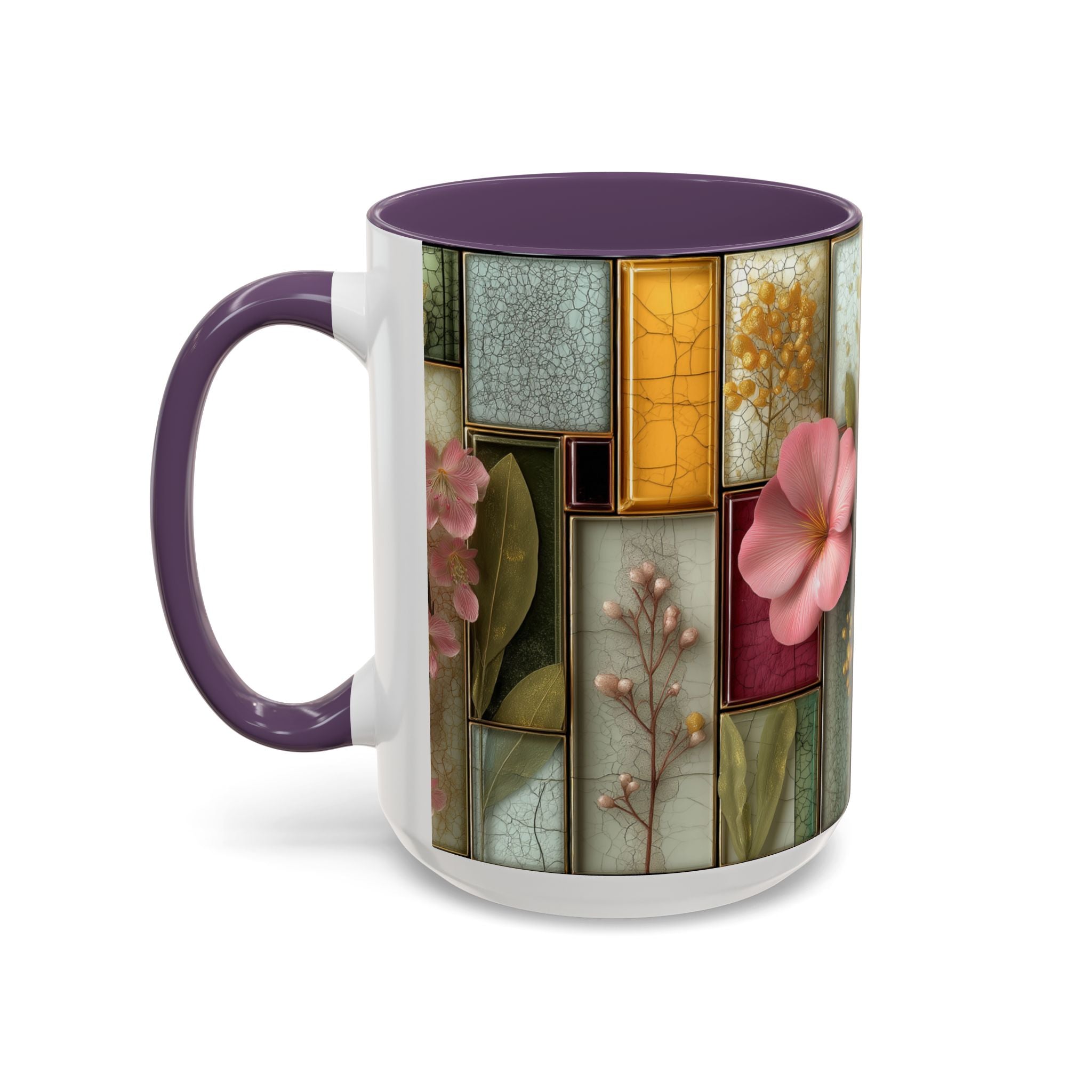 Floral Stained Glass Accent Coffee Mug — Botanical Patchwork Design (11/15 oz)