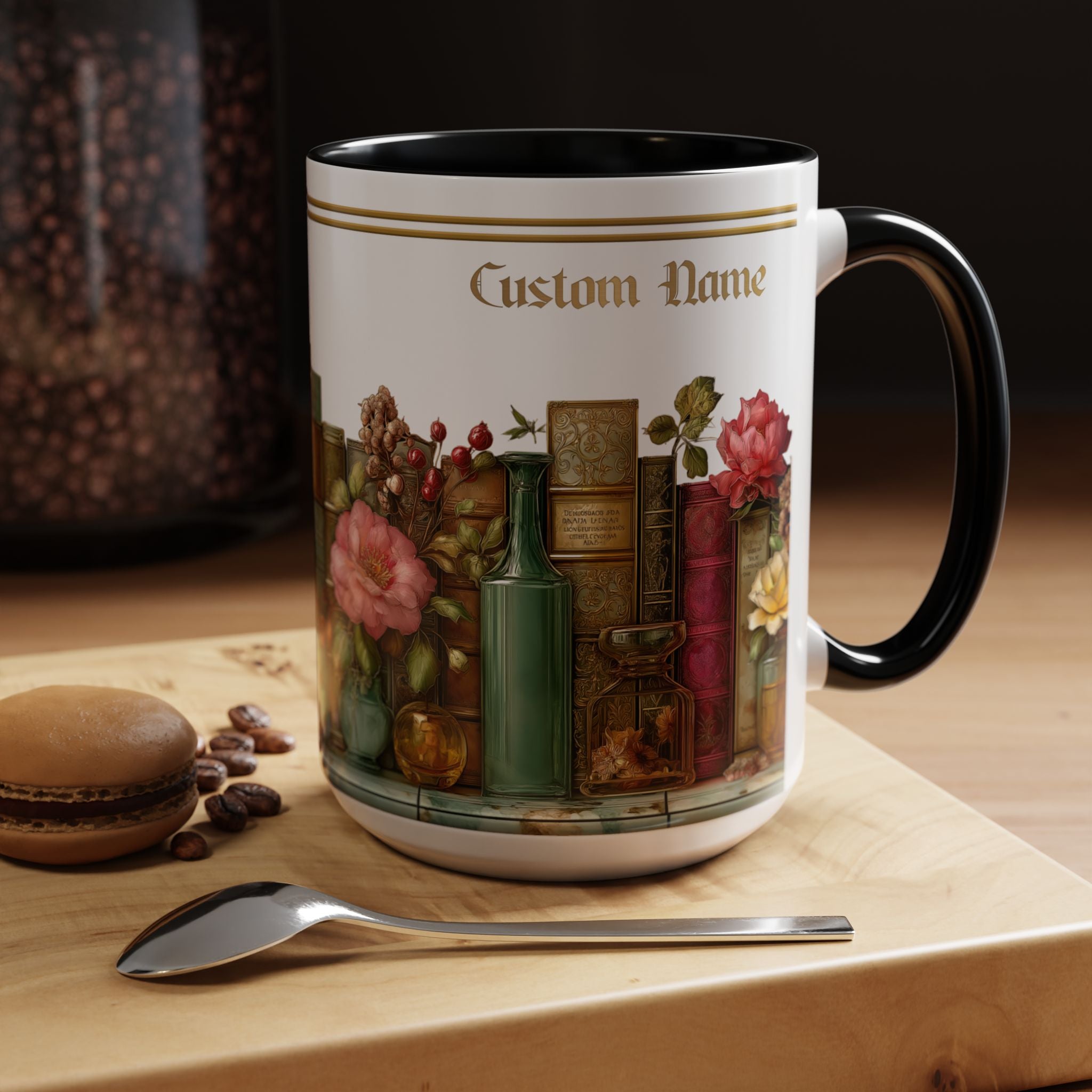 Floral Vintage Books Accent Coffee Mug — Personalized Name Option (11/15 oz) - 01