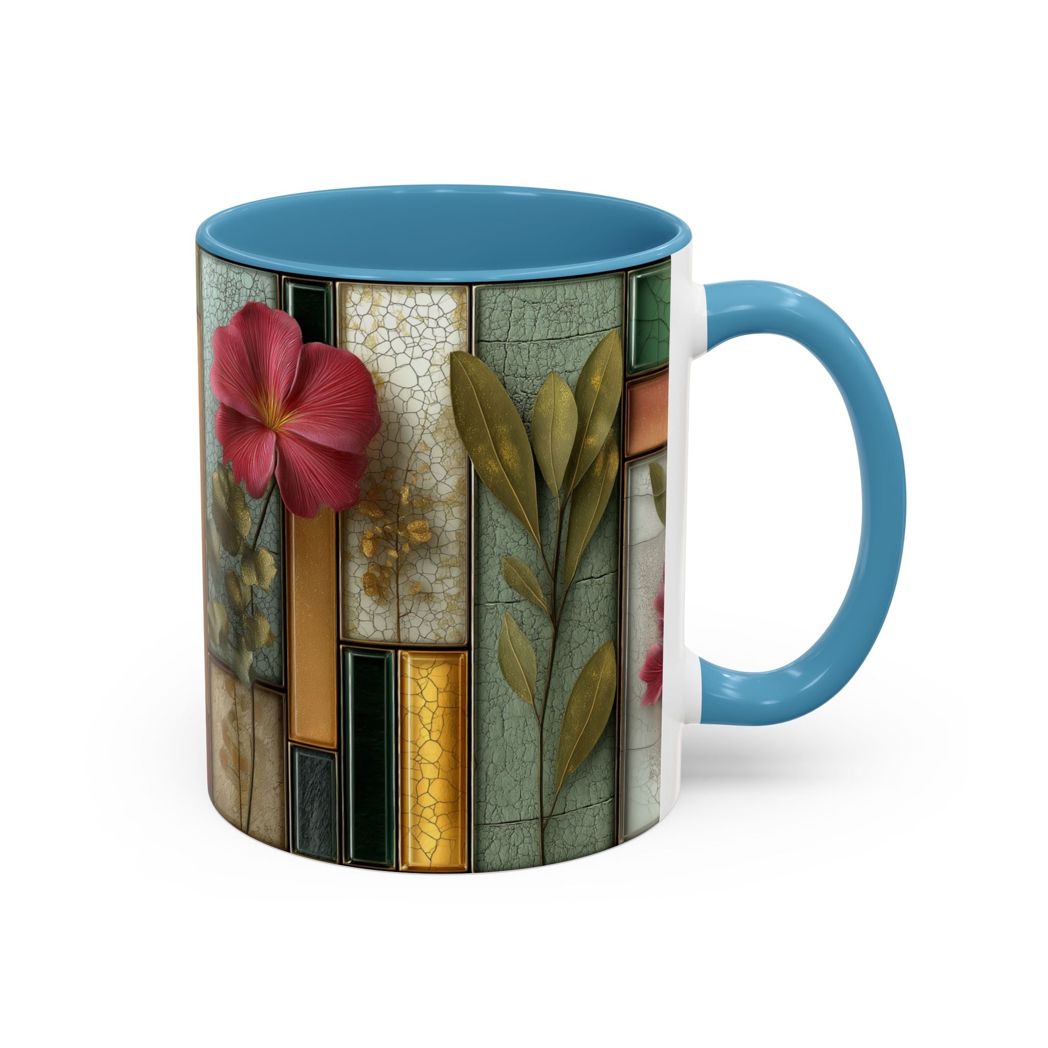 Floral Stained Glass Accent Coffee Mug — Botanical Patchwork Design (11/15 oz)
