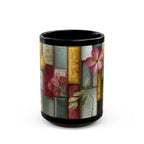 Floral Stained Glass Black Mug – Vintage Tile Flower Coffee Cup (11oz/15oz)