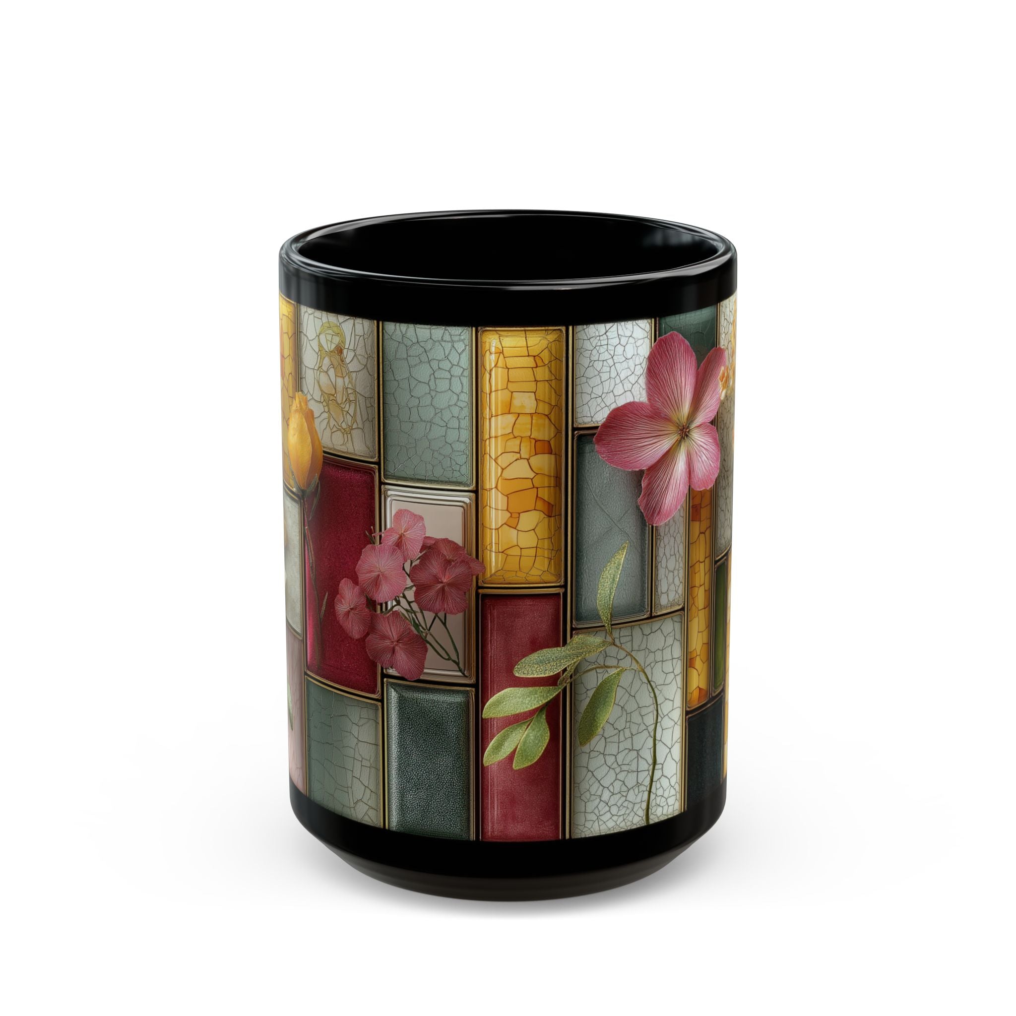 Floral Stained Glass Black Mug – Vintage Tile Flower Coffee Cup (11oz/15oz)
