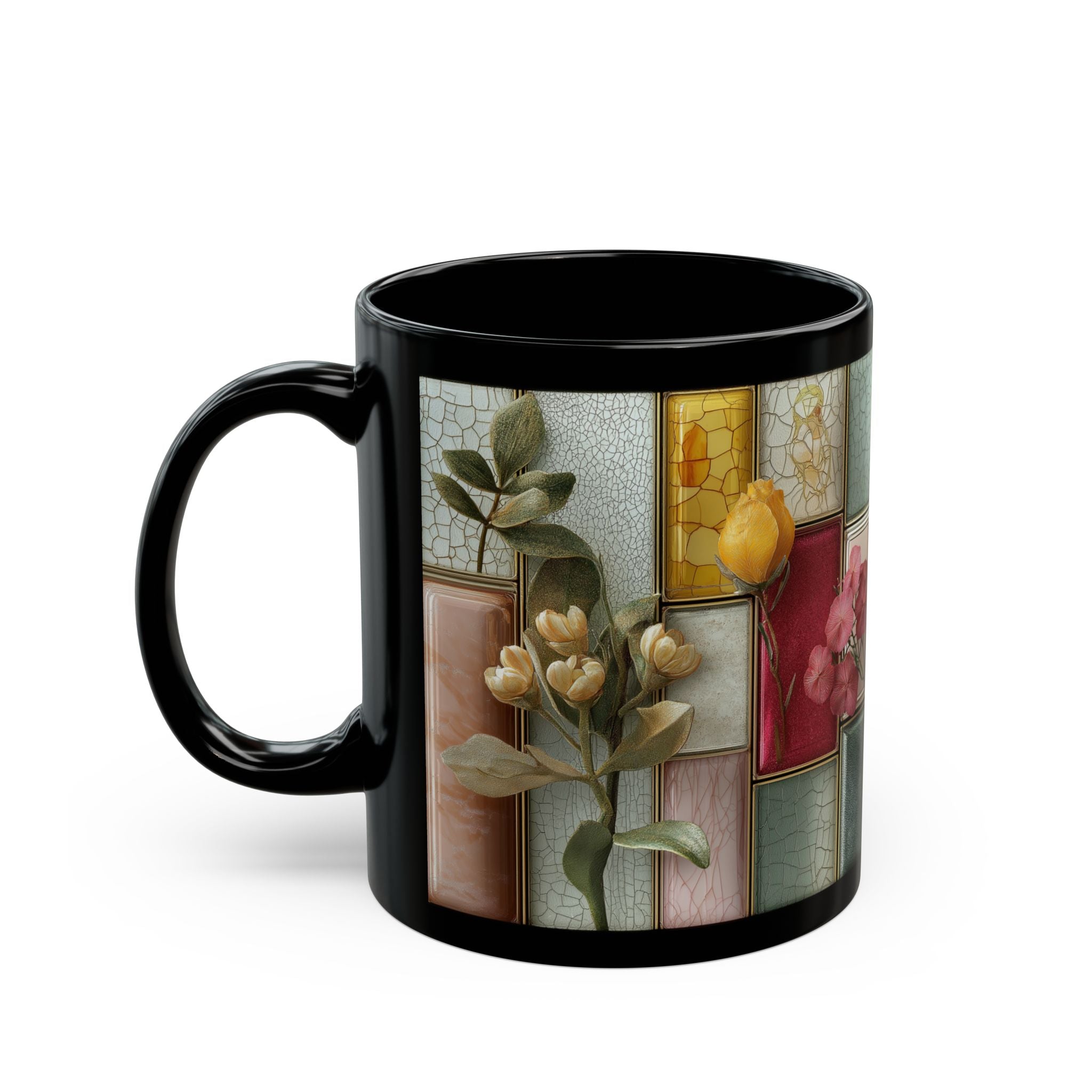 Floral Stained Glass Black Mug – Vintage Tile Flower Coffee Cup (11oz/15oz)