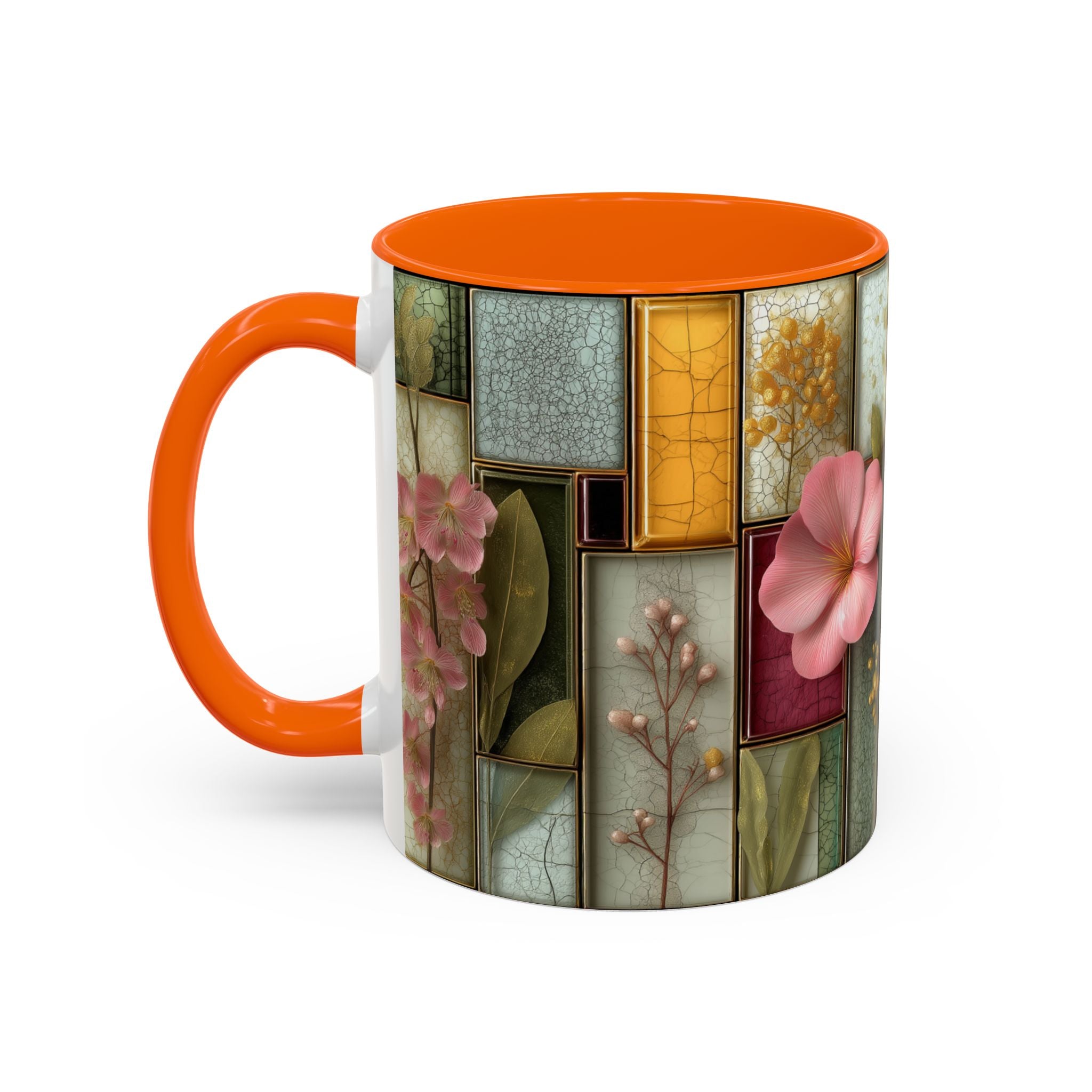 Floral Stained Glass Accent Coffee Mug — Botanical Patchwork Design (11/15 oz)