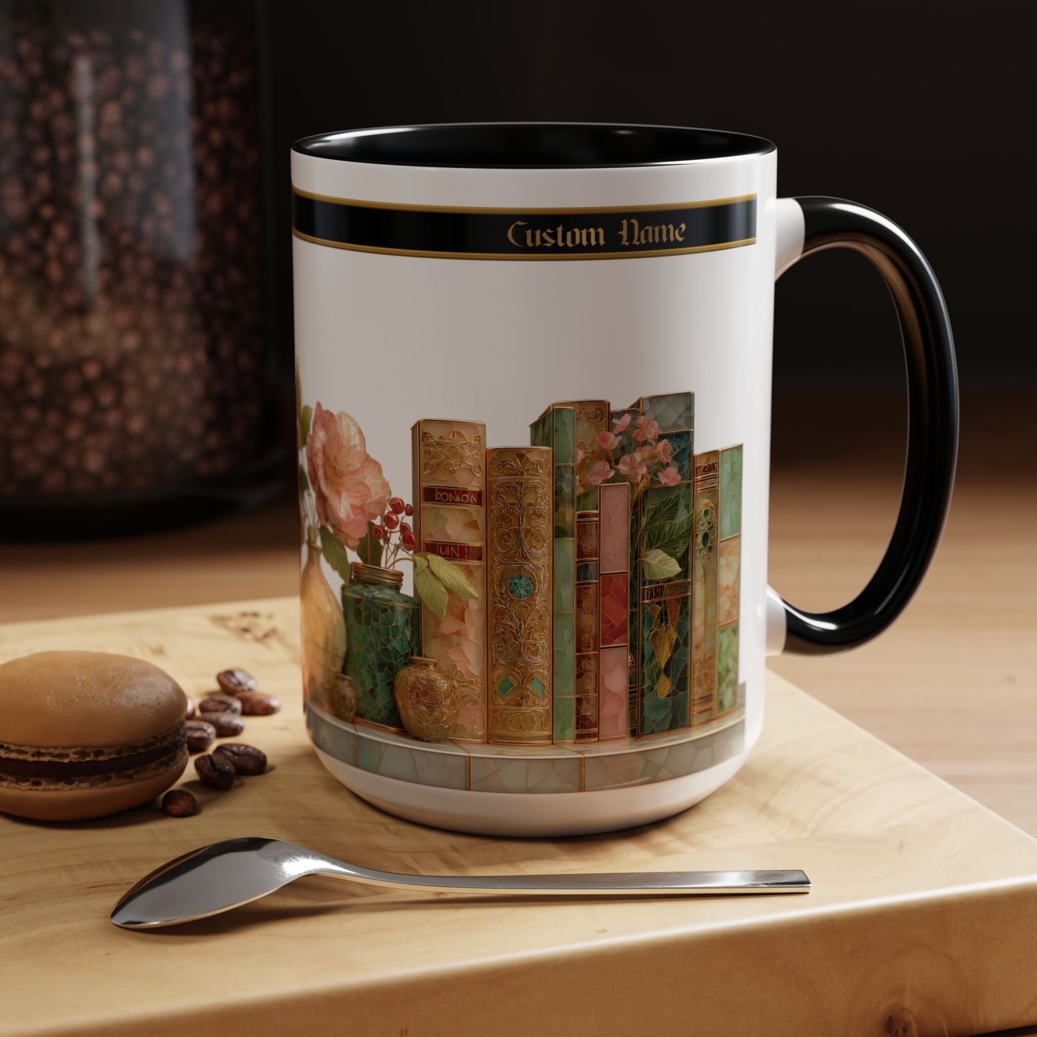 Floral Vintage Books Accent Coffee Mug — Personalized Name Option (11/15 oz) - 02
