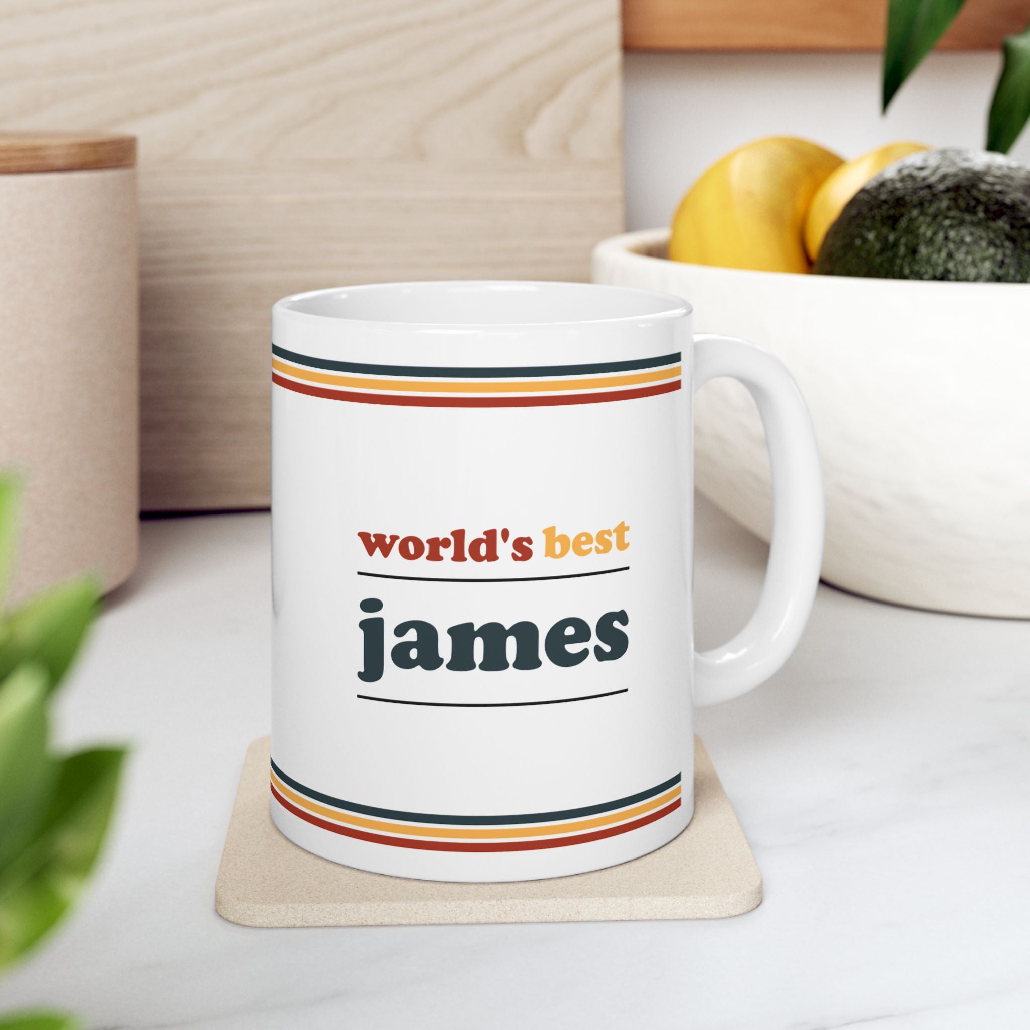 Retro Stripe Ceramic Mug – 'World's Best - Custom Name' Mug (11oz & 15oz) - 02