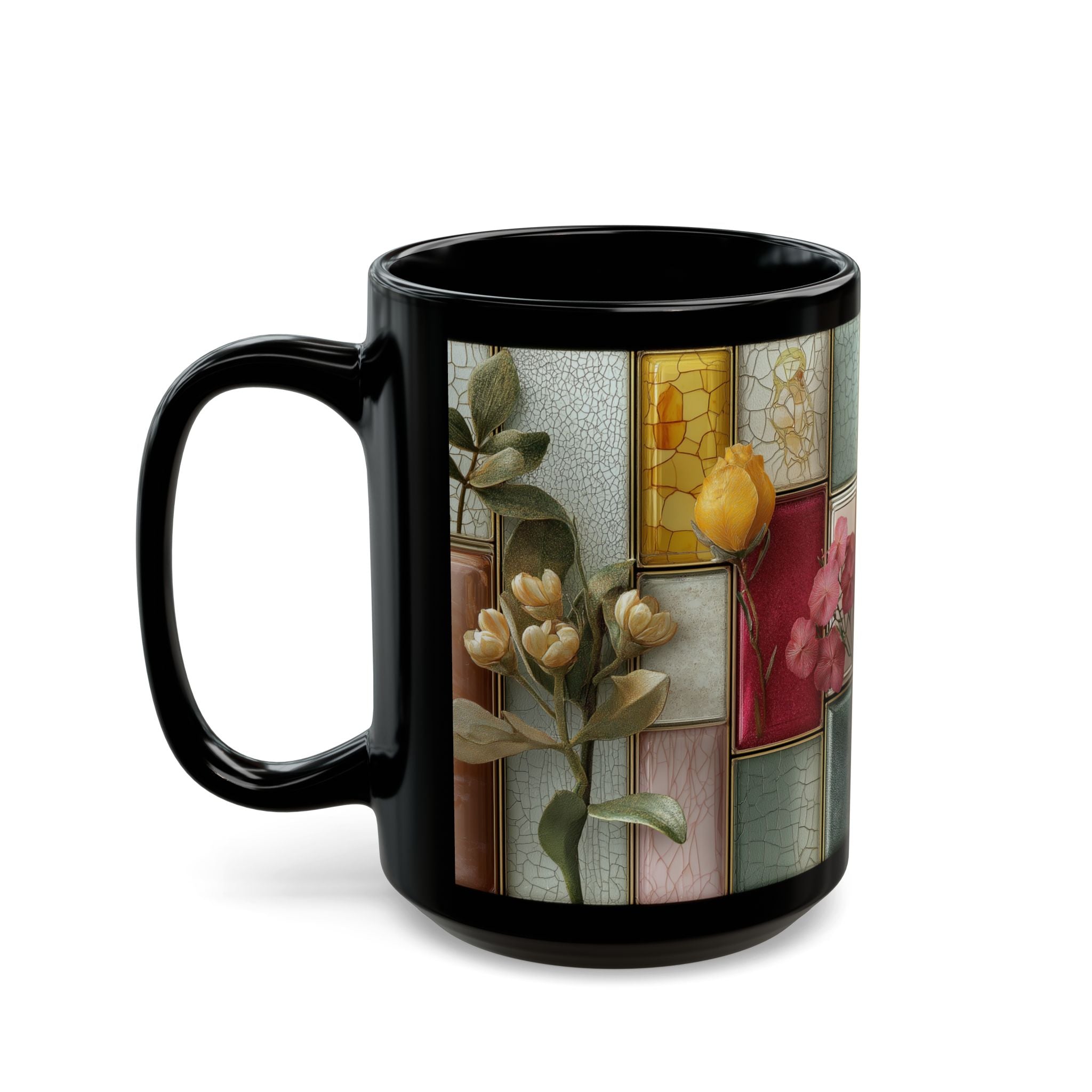 Floral Stained Glass Black Mug – Vintage Tile Flower Coffee Cup (11oz/15oz)