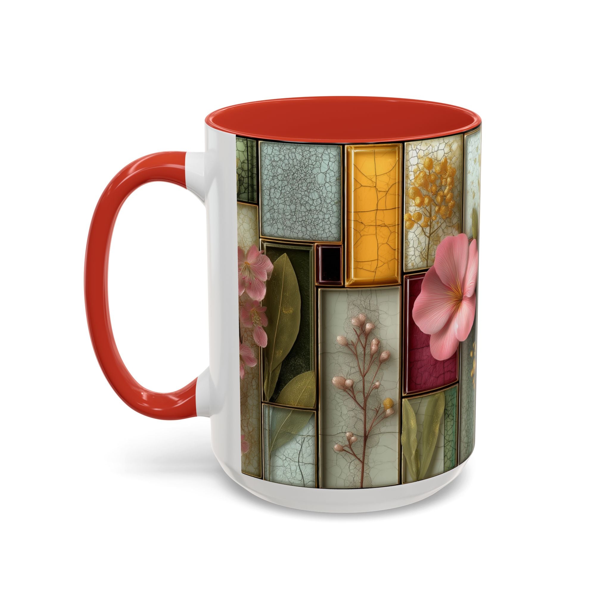 Floral Stained Glass Accent Coffee Mug — Botanical Patchwork Design (11/15 oz)