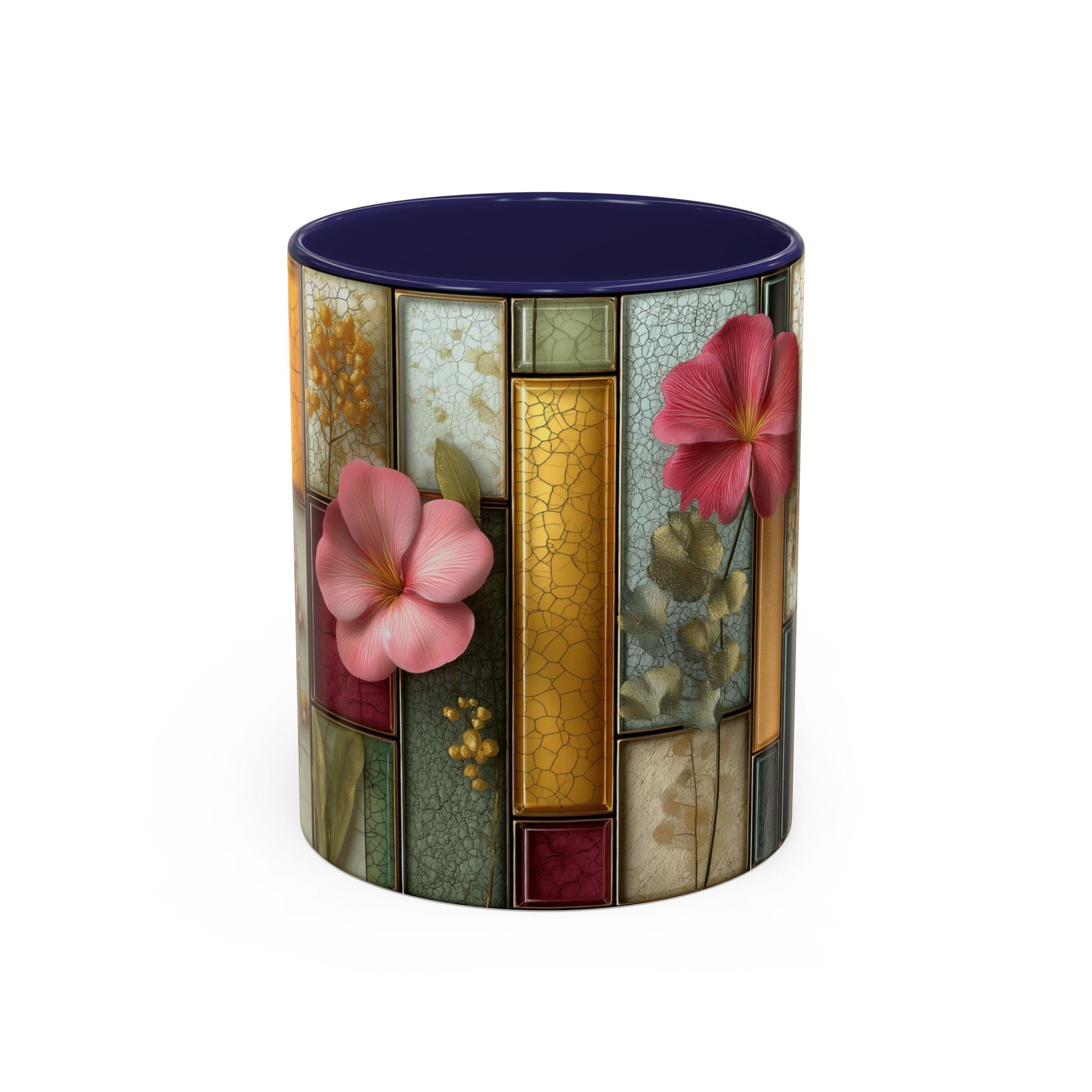 Floral Stained Glass Accent Coffee Mug — Botanical Patchwork Design (11/15 oz)