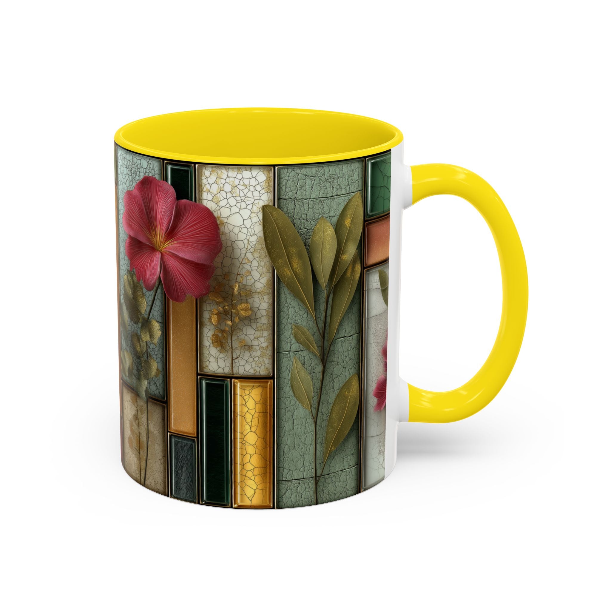 Floral Stained Glass Accent Coffee Mug — Botanical Patchwork Design (11/15 oz)