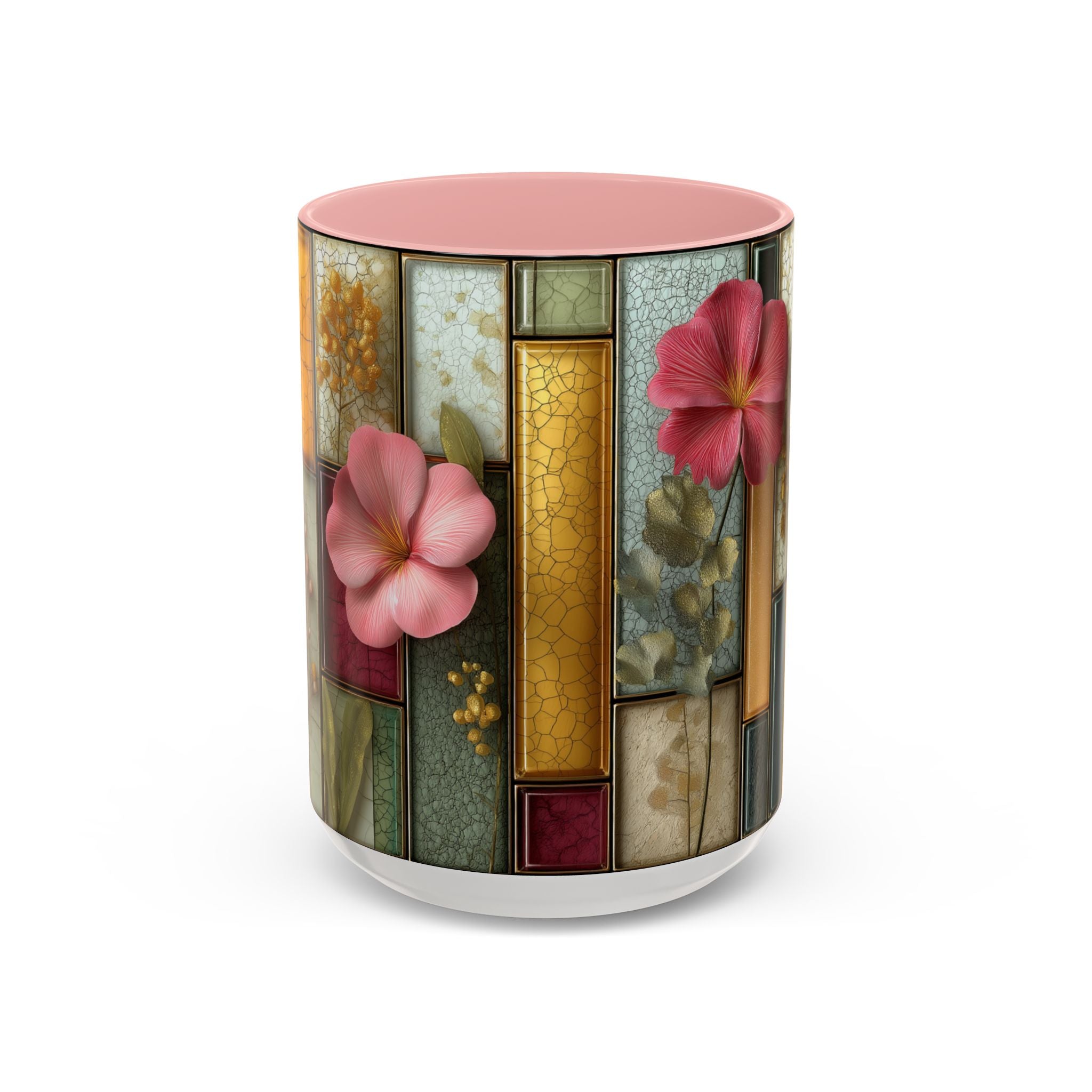 Floral Stained Glass Accent Coffee Mug — Botanical Patchwork Design (11/15 oz)