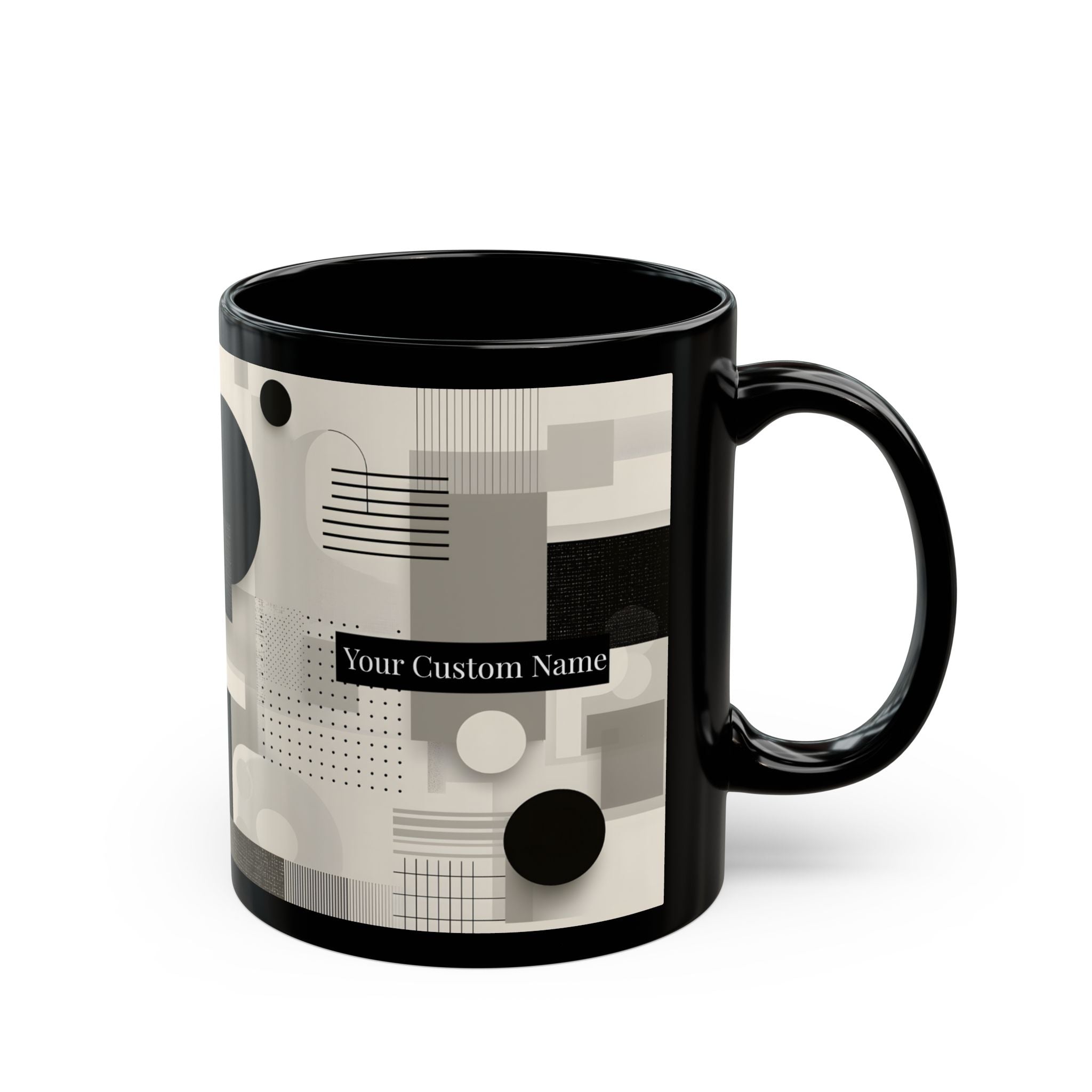 Modern Geometric Black Mug. Custom Name 11oz/15oz. 04