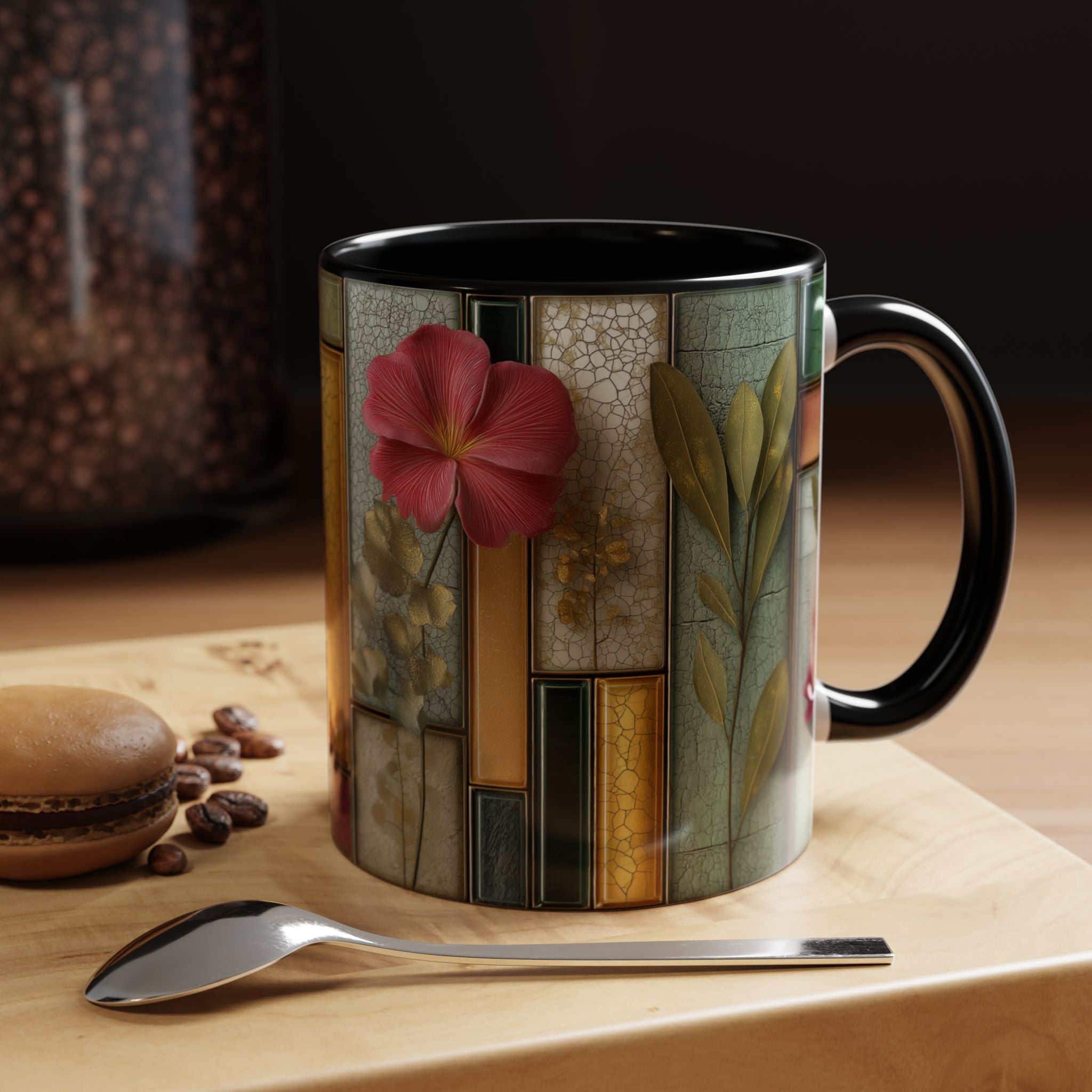 Floral Stained Glass Accent Coffee Mug — Botanical Patchwork Design (11/15 oz)