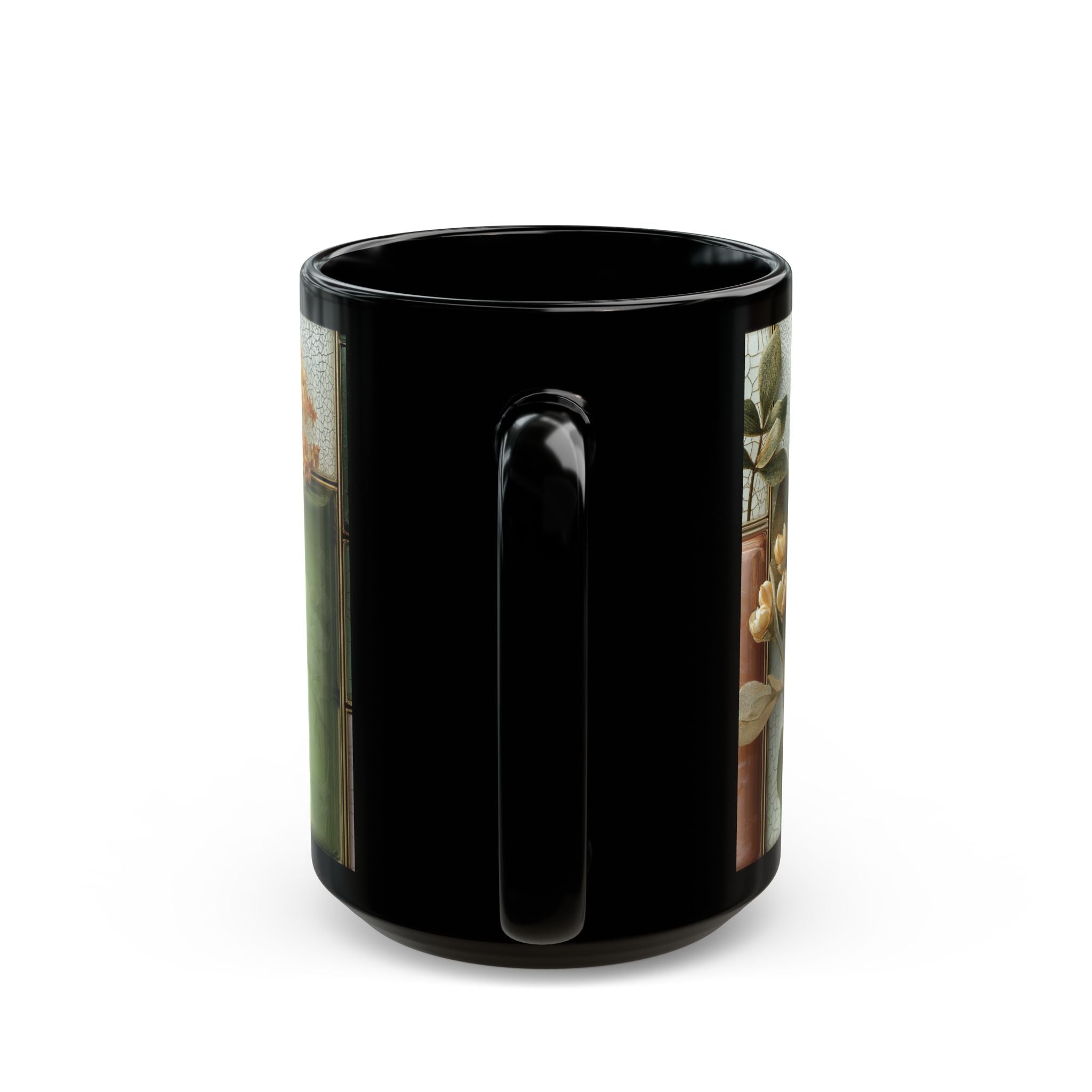 Floral Stained Glass Black Mug – Vintage Tile Flower Coffee Cup (11oz/15oz)
