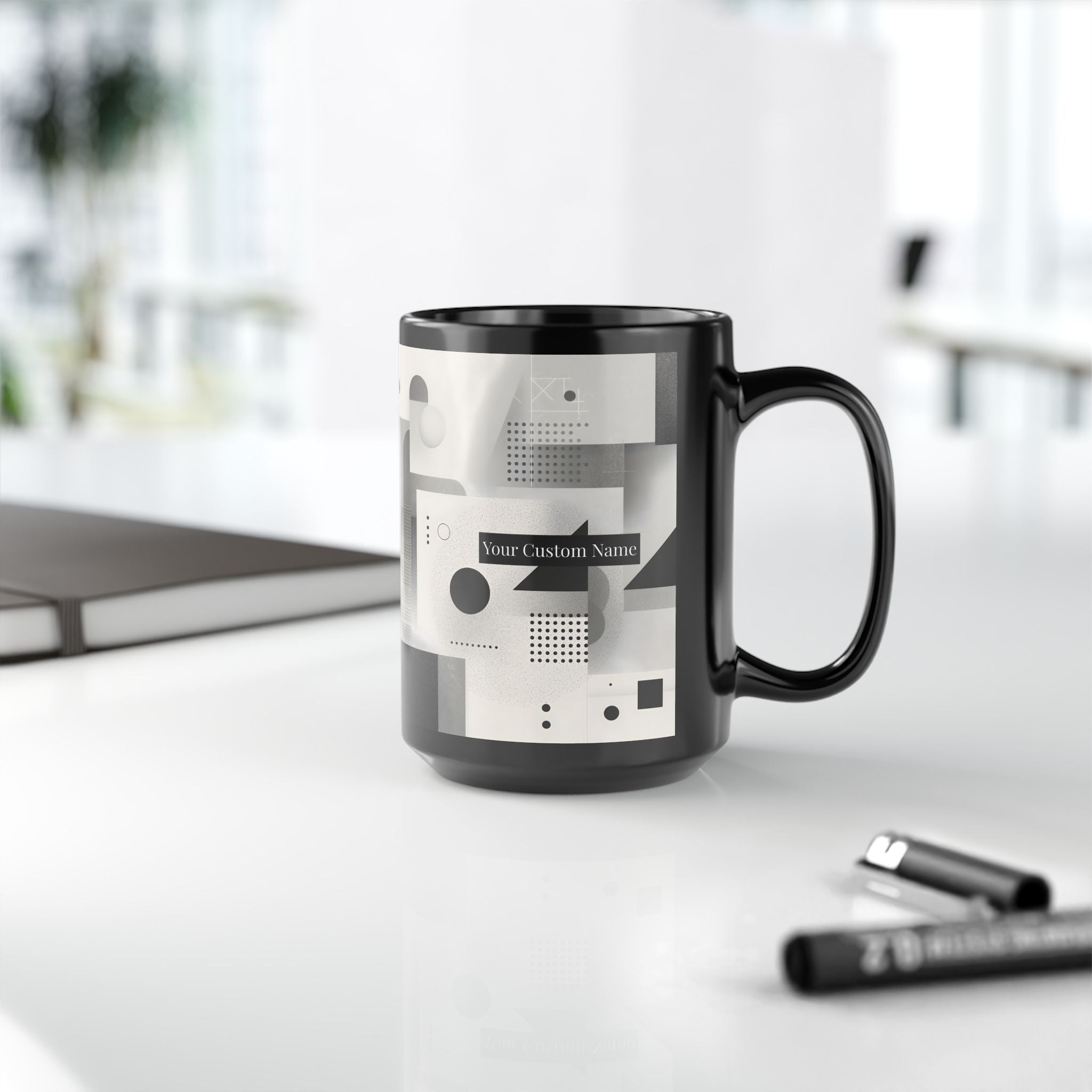Modern Geometric Black Mug. Custom Name 11oz/15oz. 02