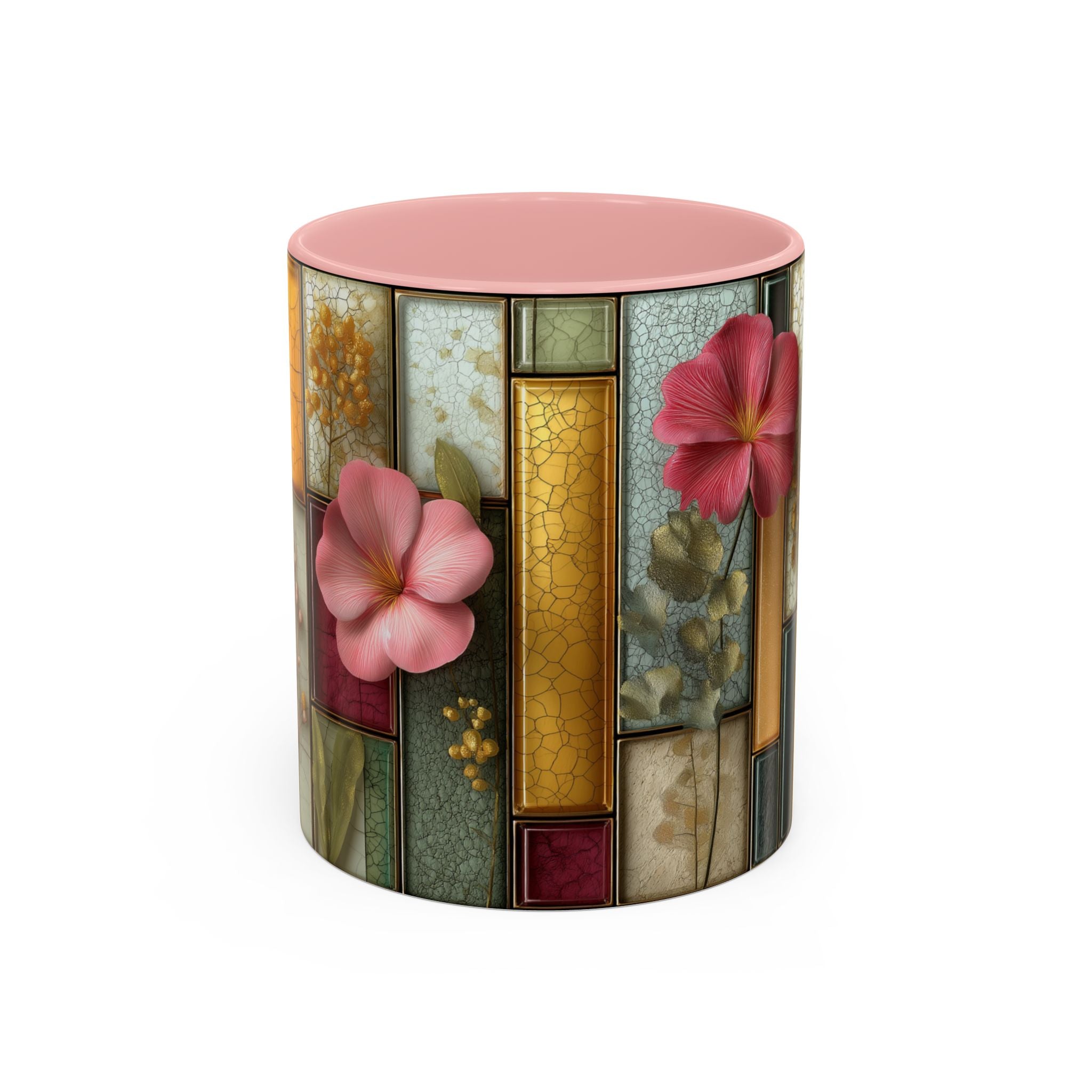 Floral Stained Glass Accent Coffee Mug — Botanical Patchwork Design (11/15 oz)