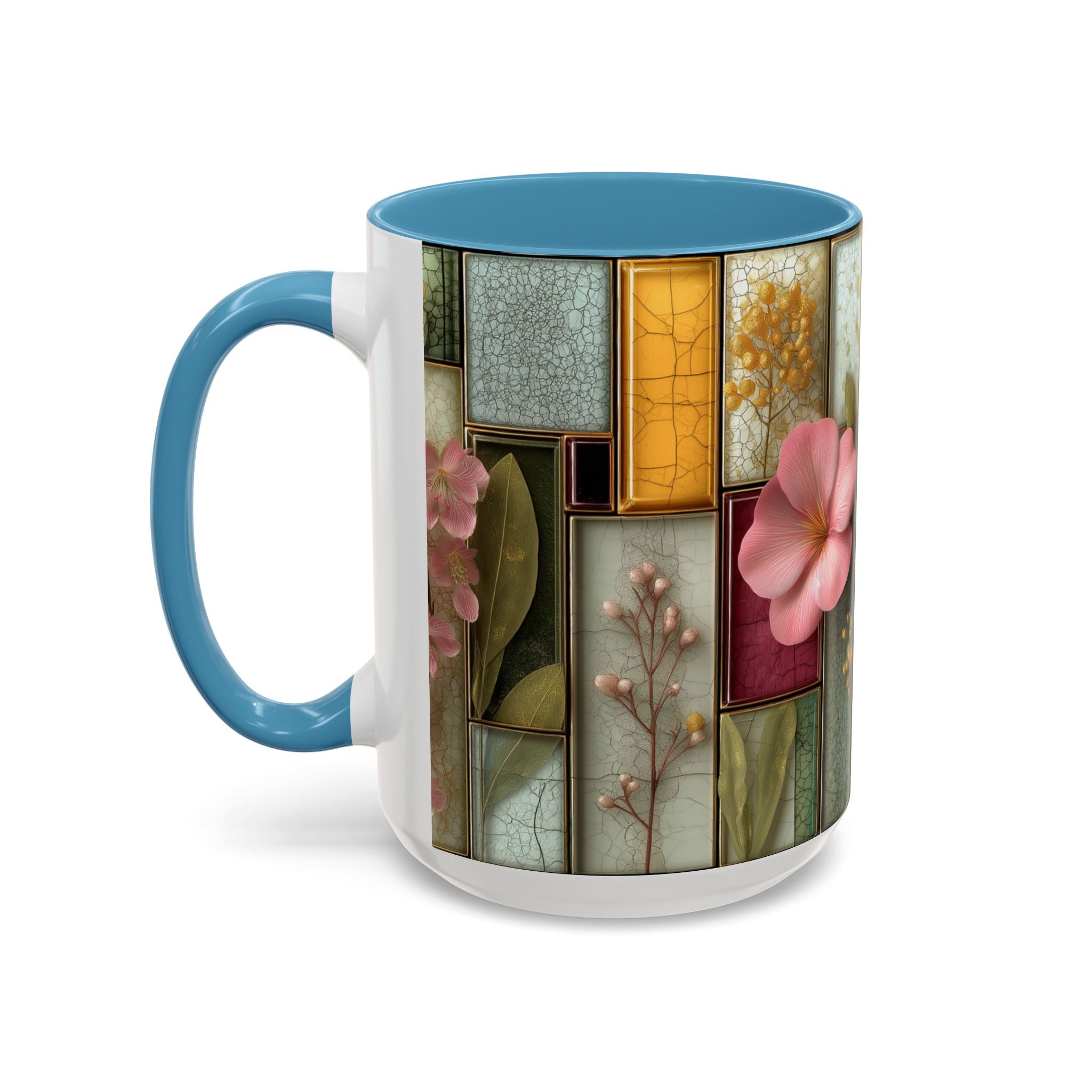 Floral Stained Glass Accent Coffee Mug — Botanical Patchwork Design (11/15 oz)