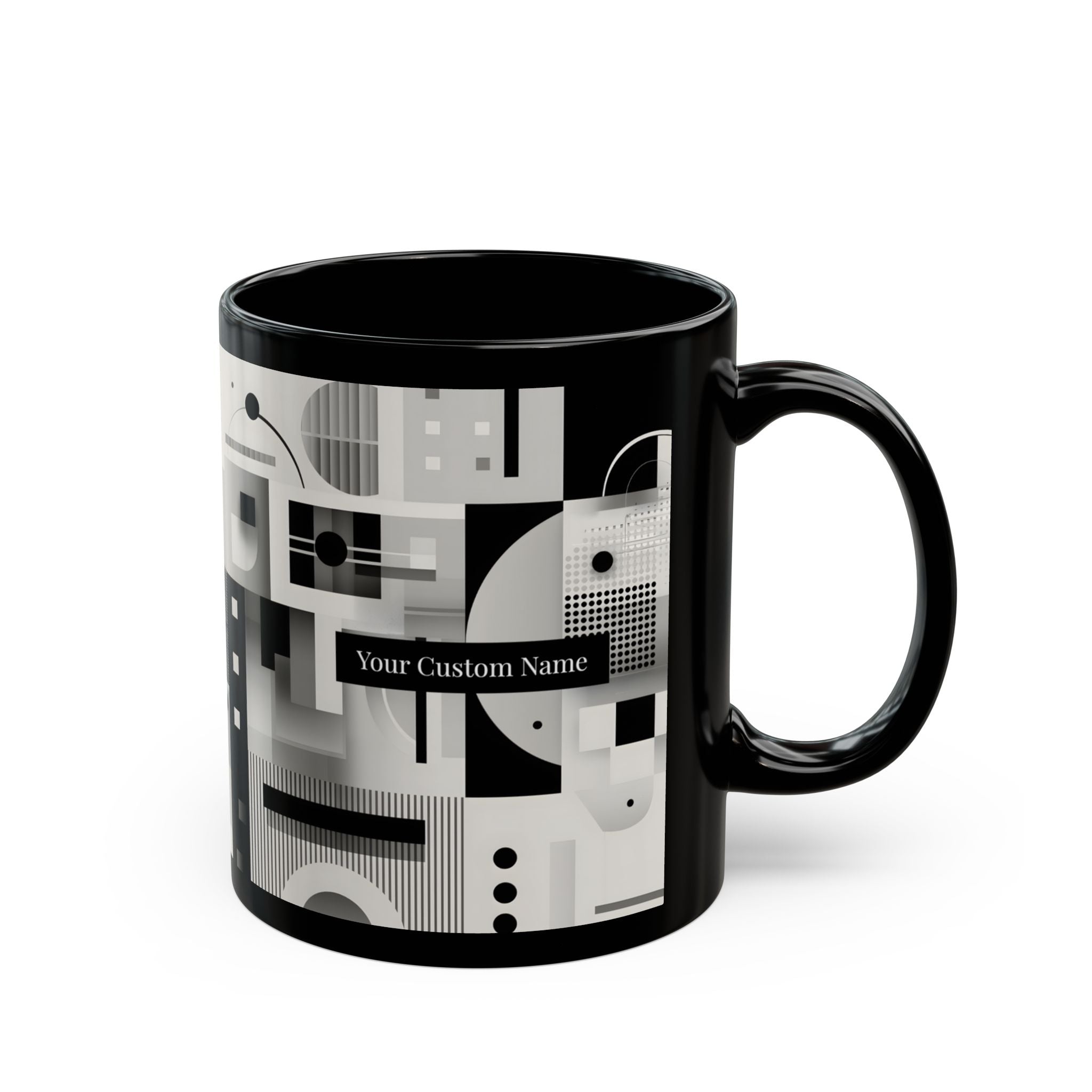 Modern Geometric Black Mug. Custom Name 11oz/15oz. 01