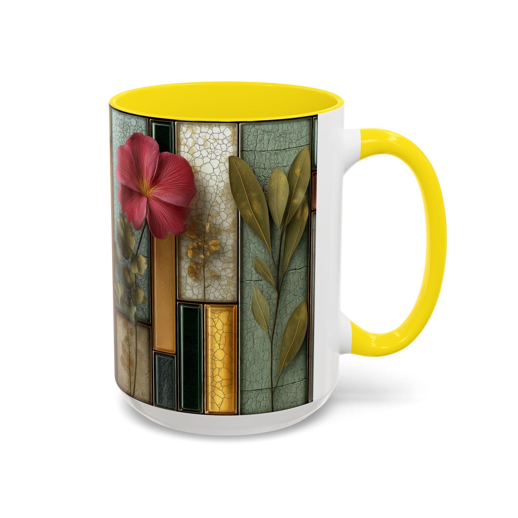 Floral Stained Glass Accent Coffee Mug — Botanical Patchwork Design (11/15 oz)