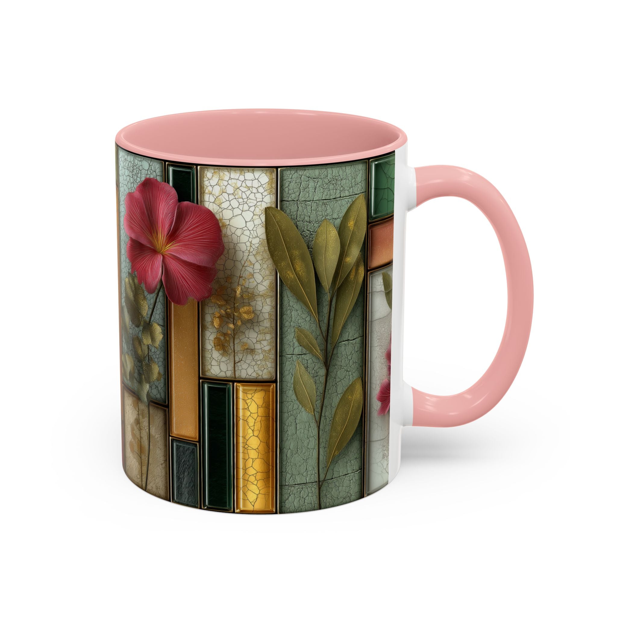 Floral Stained Glass Accent Coffee Mug — Botanical Patchwork Design (11/15 oz)