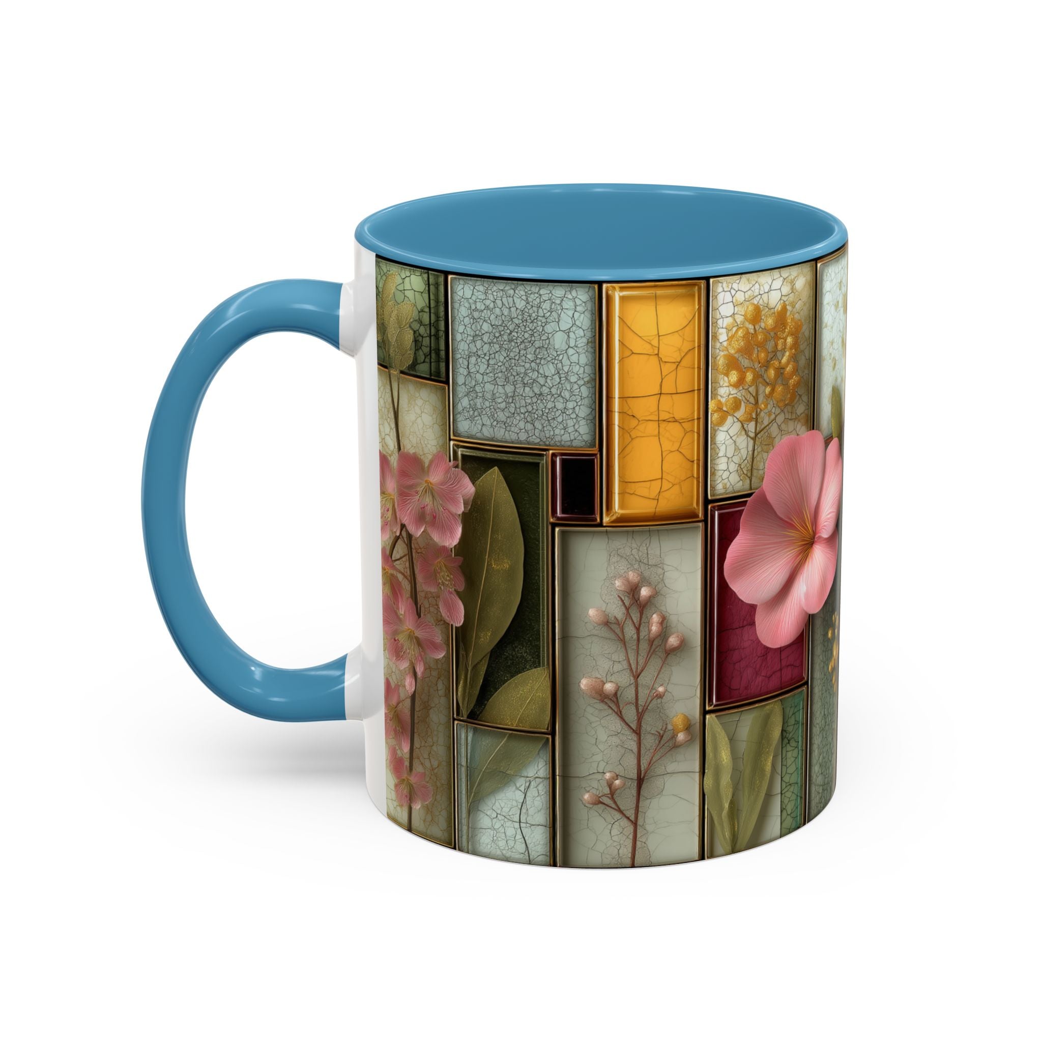 Floral Stained Glass Accent Coffee Mug — Botanical Patchwork Design (11/15 oz)