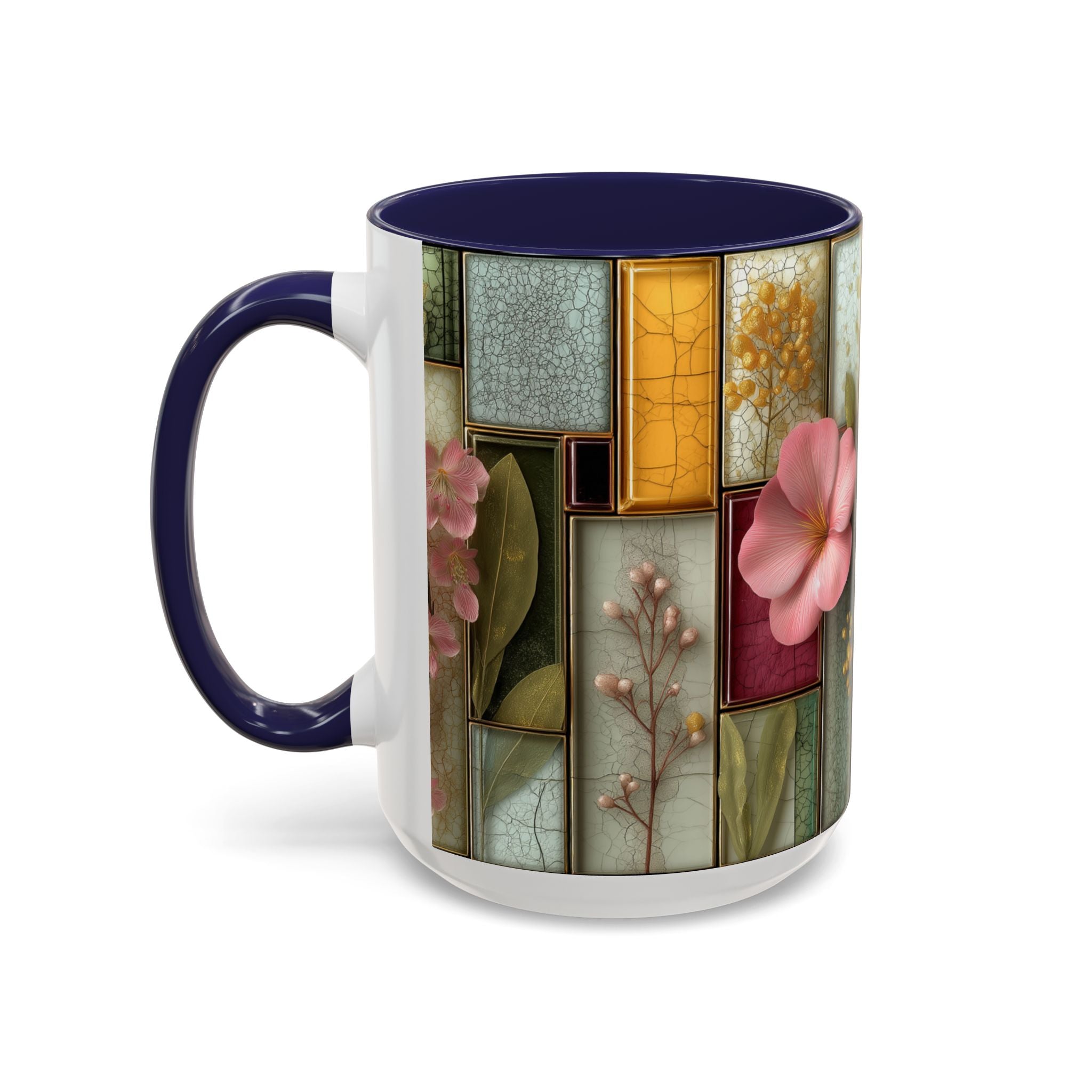 Floral Stained Glass Accent Coffee Mug — Botanical Patchwork Design (11/15 oz)