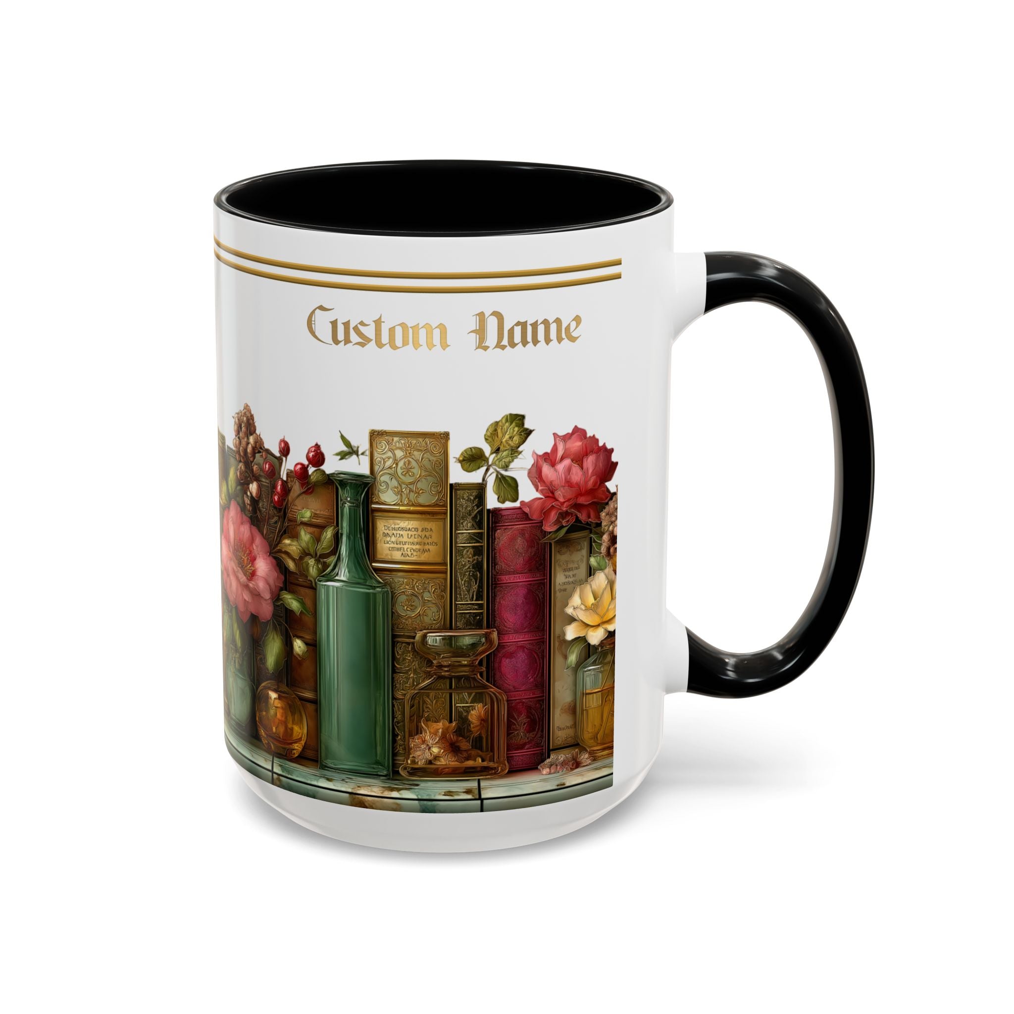Floral Vintage Books Accent Coffee Mug — Personalized Name Option (11/15 oz) - 01
