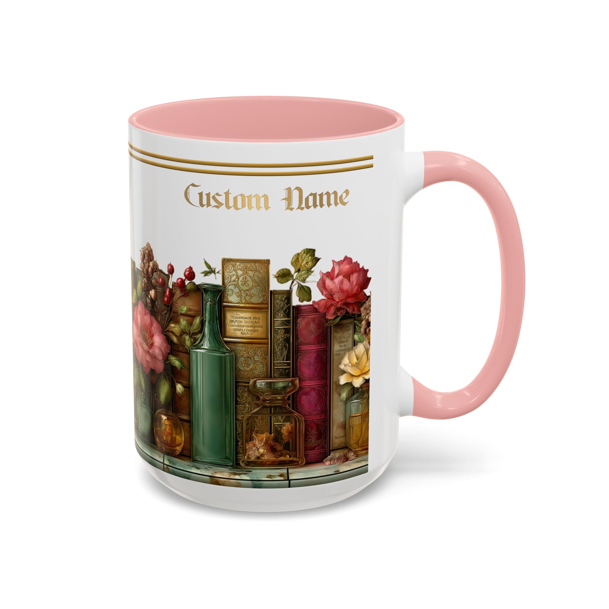 Floral Vintage Books Accent Coffee Mug — Personalized Name Option (11/15 oz) - 01