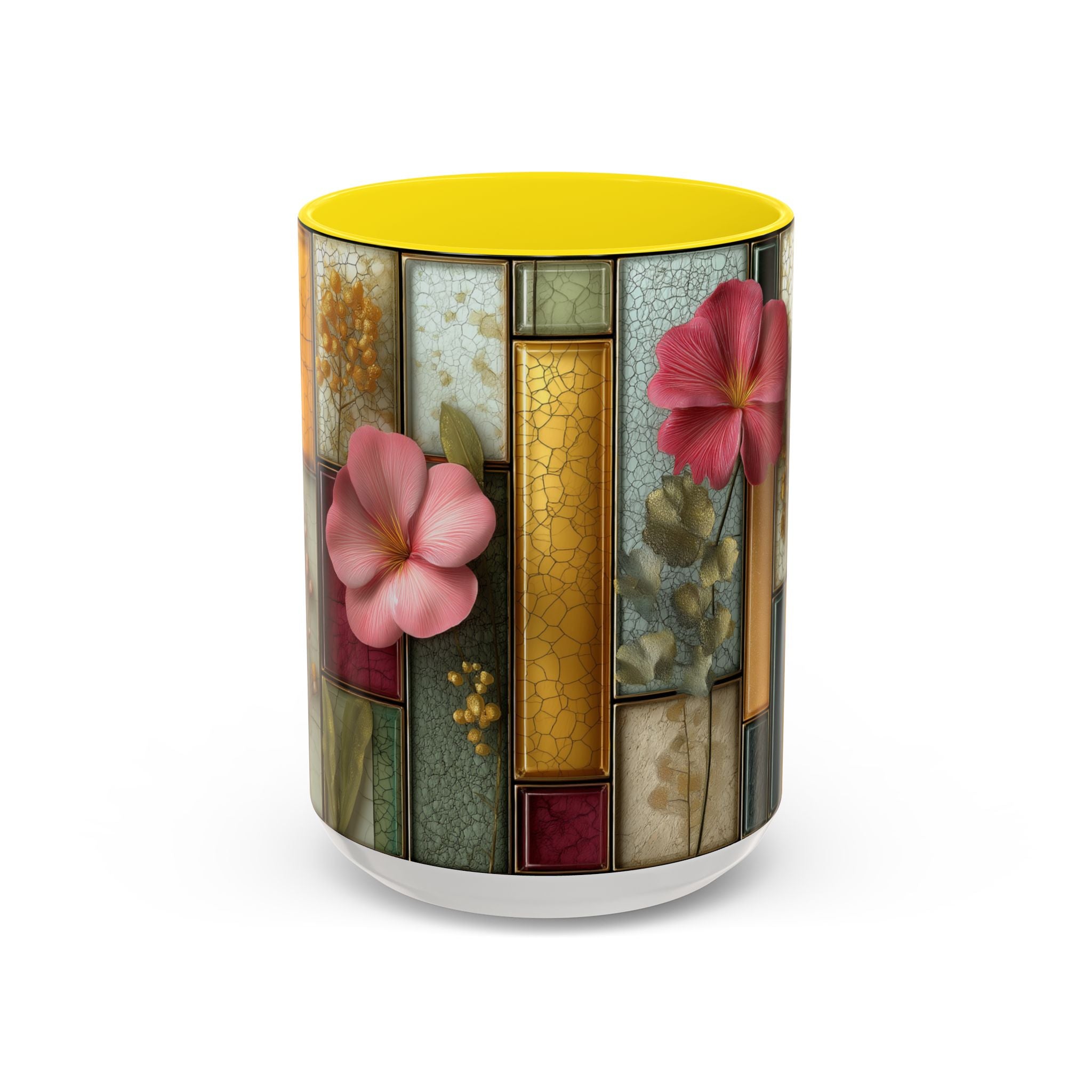 Floral Stained Glass Accent Coffee Mug — Botanical Patchwork Design (11/15 oz)