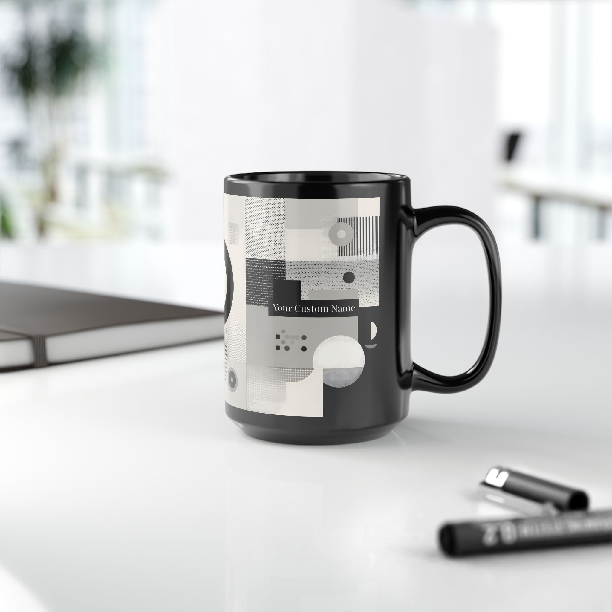 Modern Geometric Black Mug. Custom Name 11oz/15oz. 03