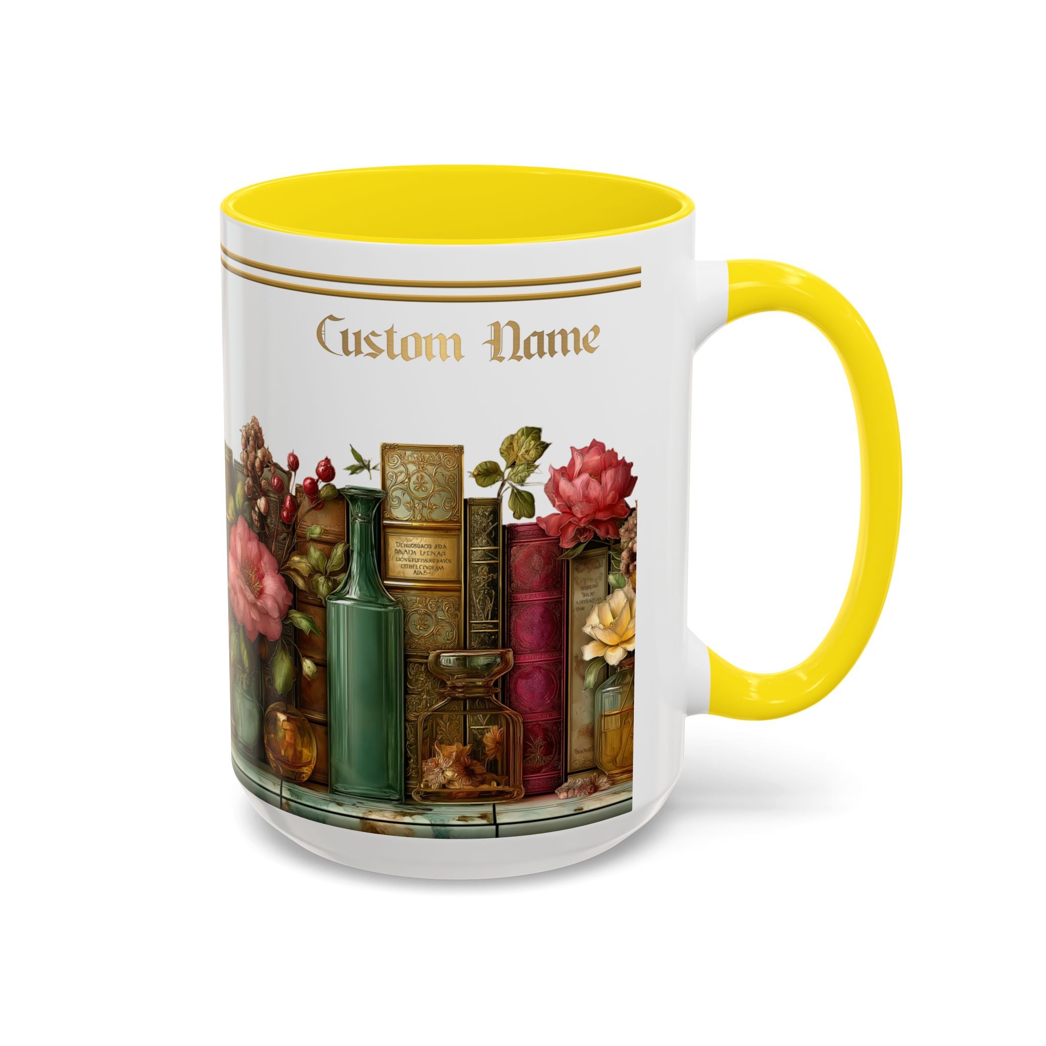Floral Vintage Books Accent Coffee Mug — Personalized Name Option (11/15 oz) - 01