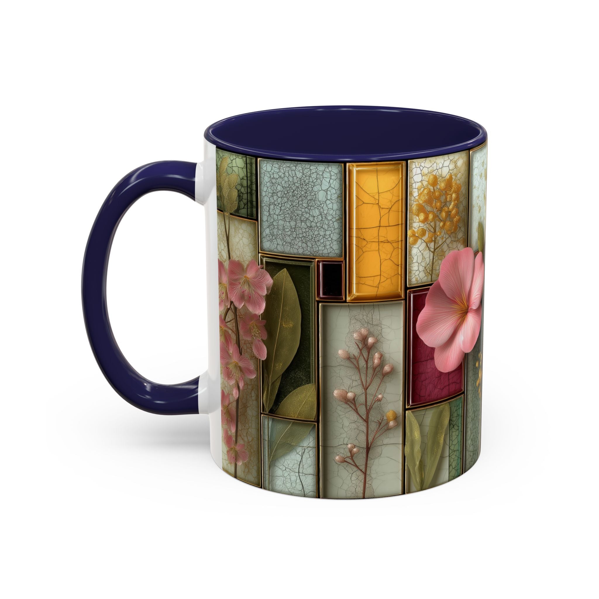 Floral Stained Glass Accent Coffee Mug — Botanical Patchwork Design (11/15 oz)