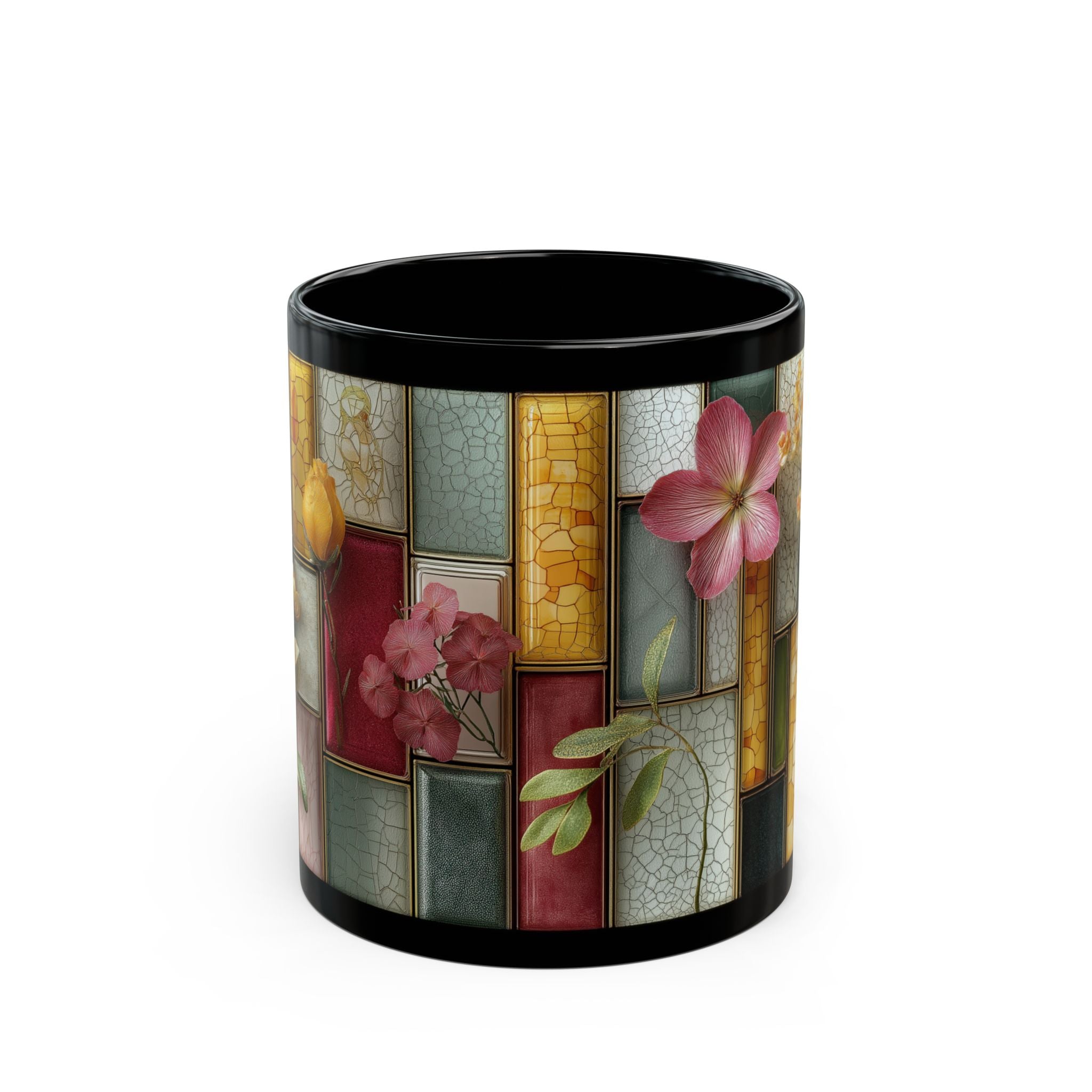 Floral Stained Glass Black Mug – Vintage Tile Flower Coffee Cup (11oz/15oz)
