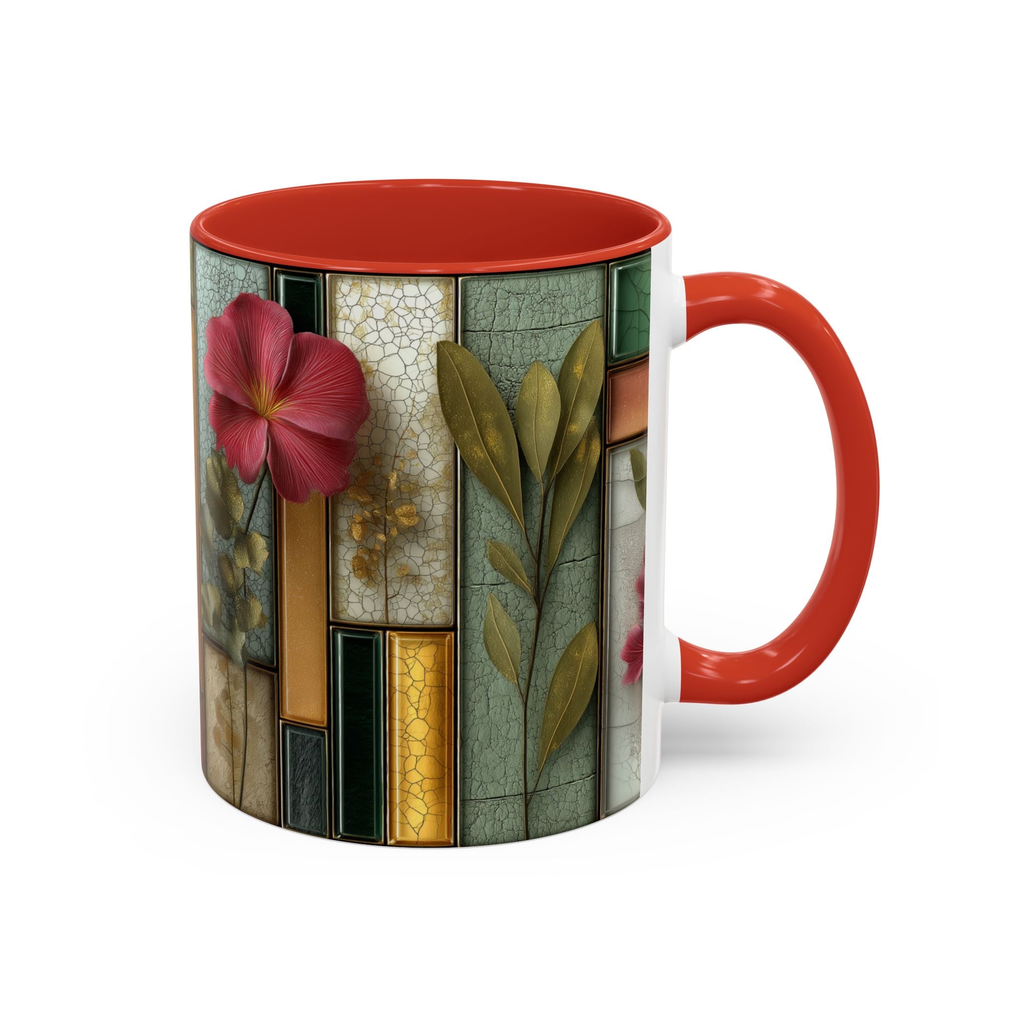Floral Stained Glass Accent Coffee Mug — Botanical Patchwork Design (11/15 oz)
