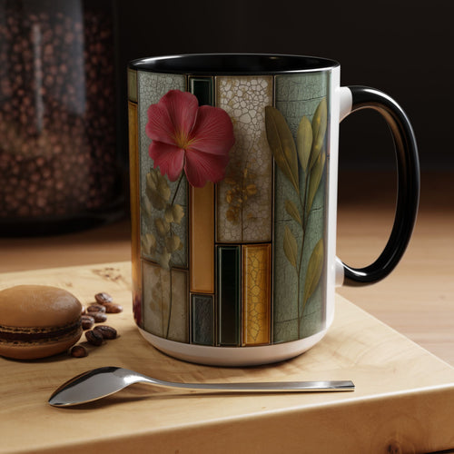 Floral Stained Glass Accent Coffee Mug — Botanical Patchwork Design (11/15 oz)