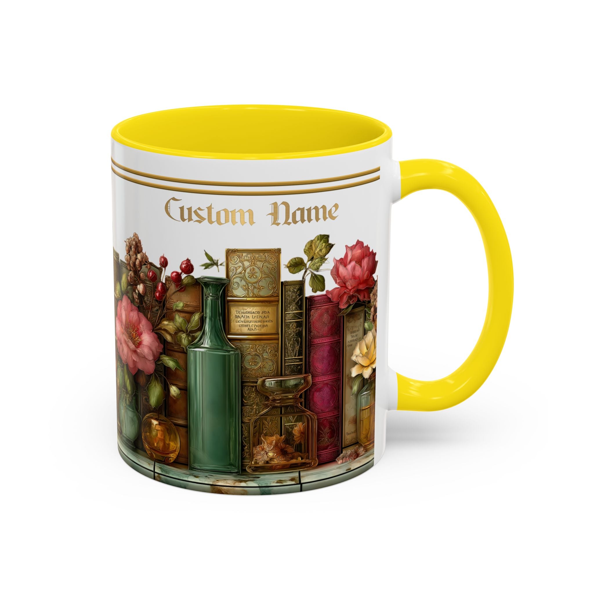 Floral Vintage Books Accent Coffee Mug — Personalized Name Option (11/15 oz) - 01