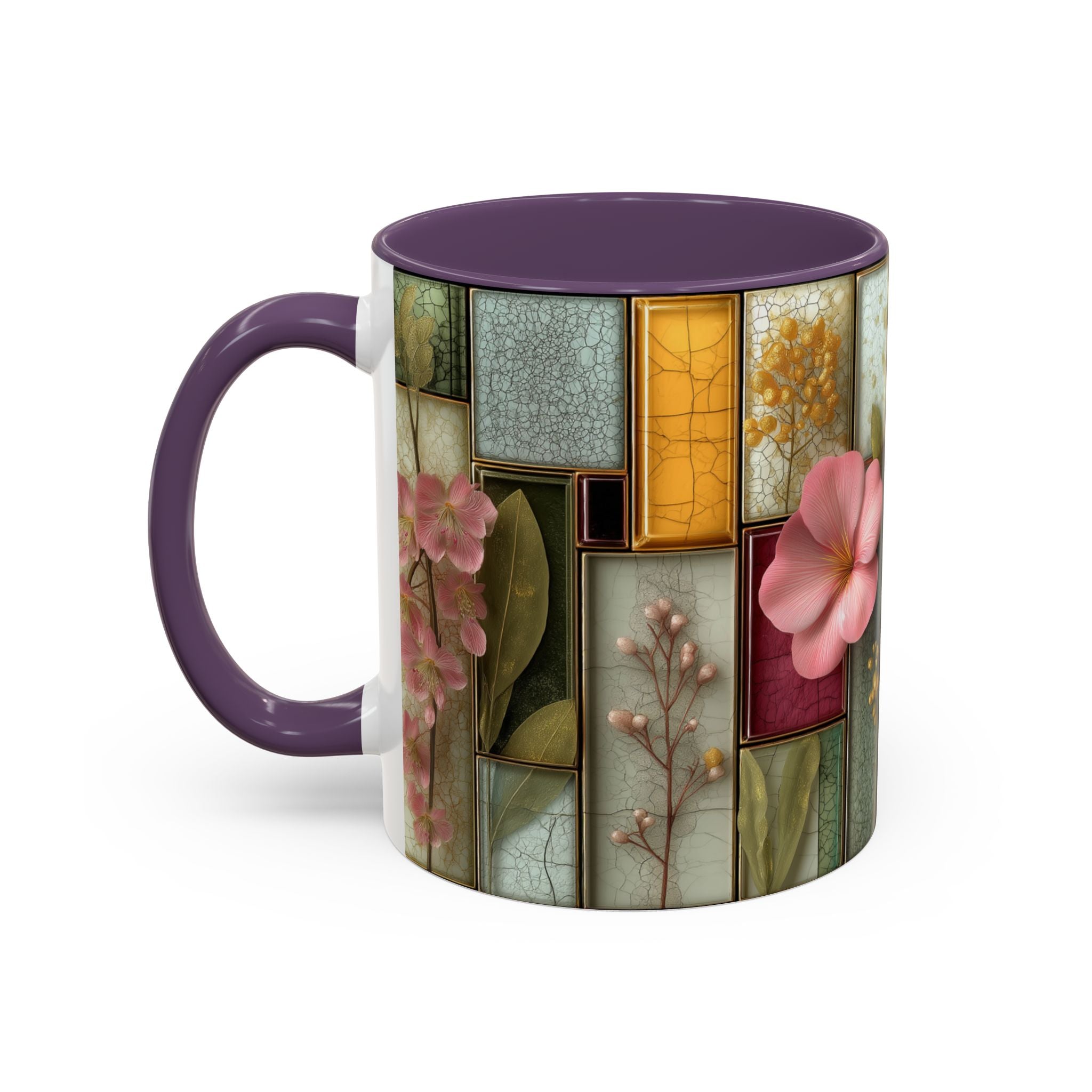 Floral Stained Glass Accent Coffee Mug — Botanical Patchwork Design (11/15 oz)