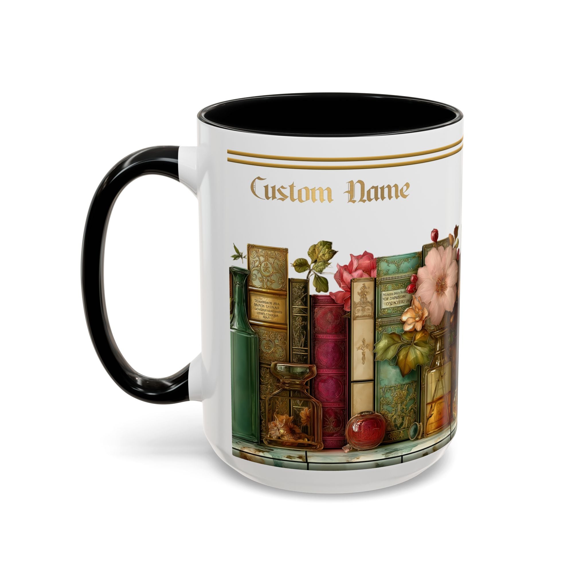 Floral Vintage Books Accent Coffee Mug — Personalized Name Option (11/15 oz) - 01