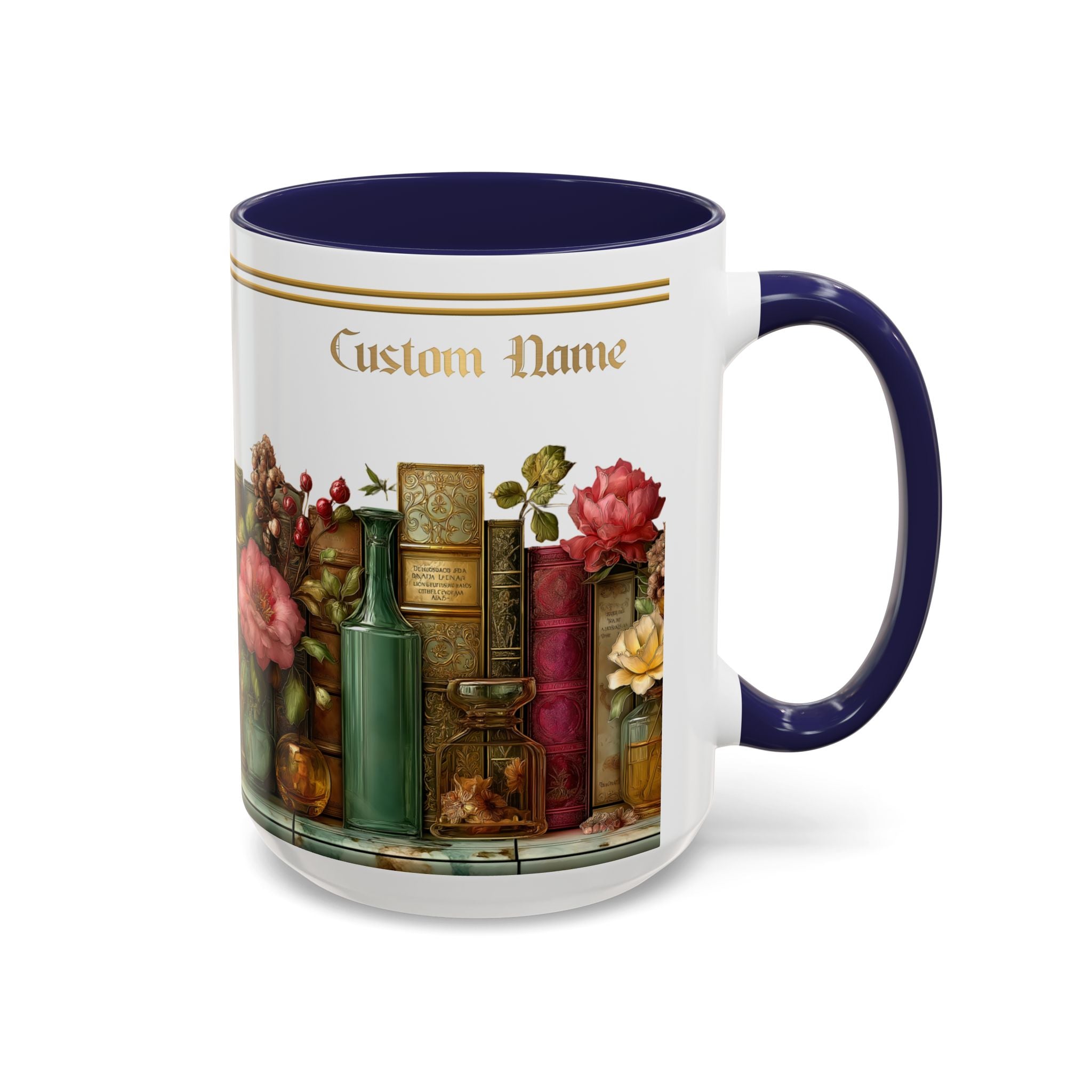 Floral Vintage Books Accent Coffee Mug — Personalized Name Option (11/15 oz) - 01