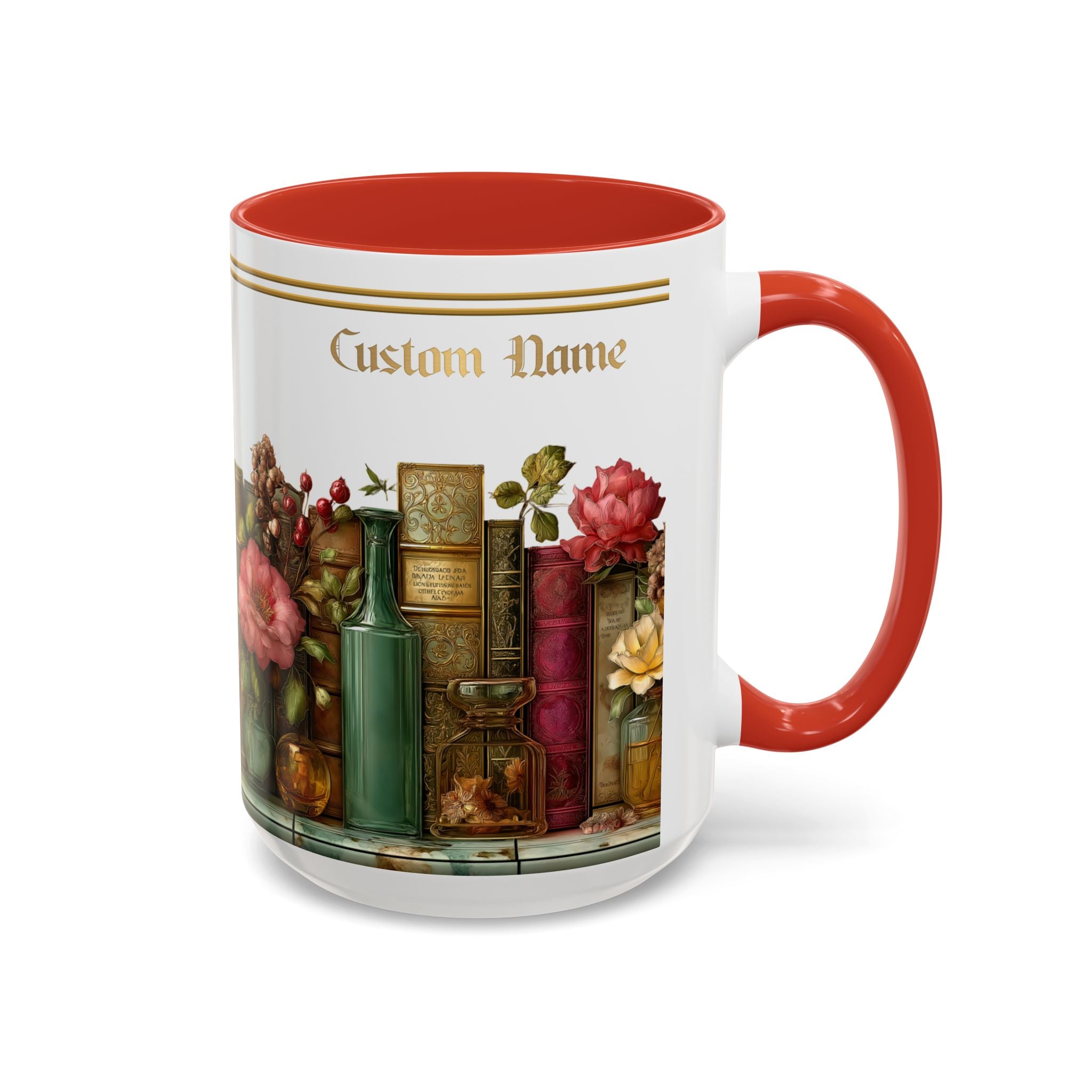 Floral Vintage Books Accent Coffee Mug — Personalized Name Option (11/15 oz) - 01