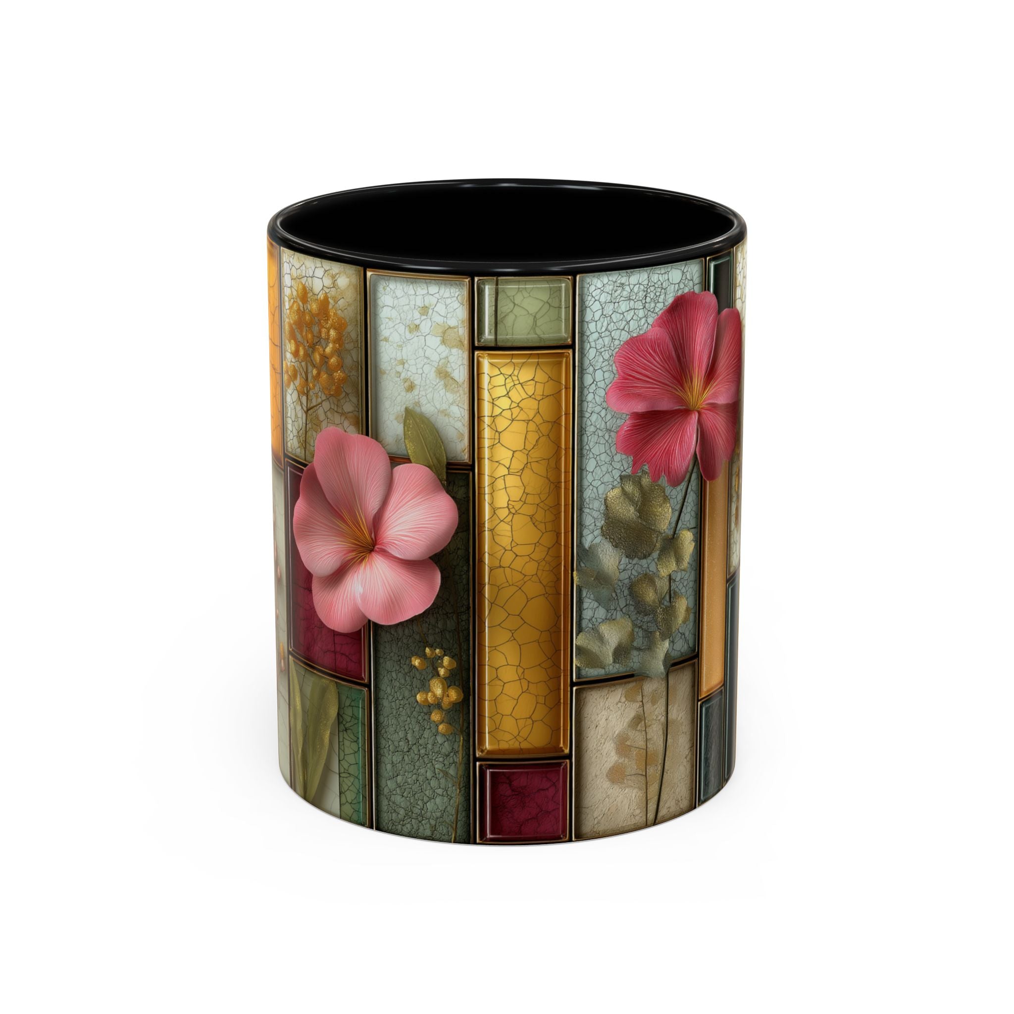 Floral Stained Glass Accent Coffee Mug — Botanical Patchwork Design (11/15 oz)