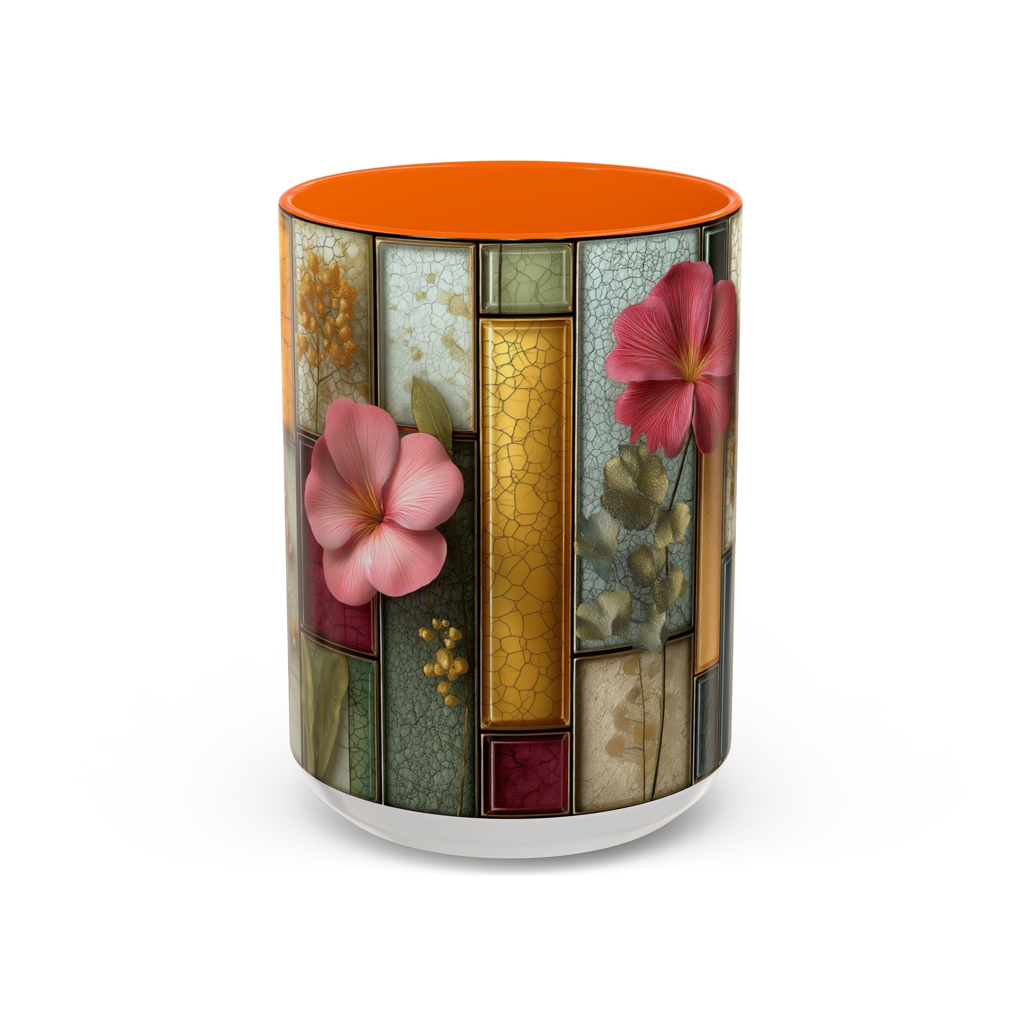 Floral Stained Glass Accent Coffee Mug — Botanical Patchwork Design (11/15 oz)