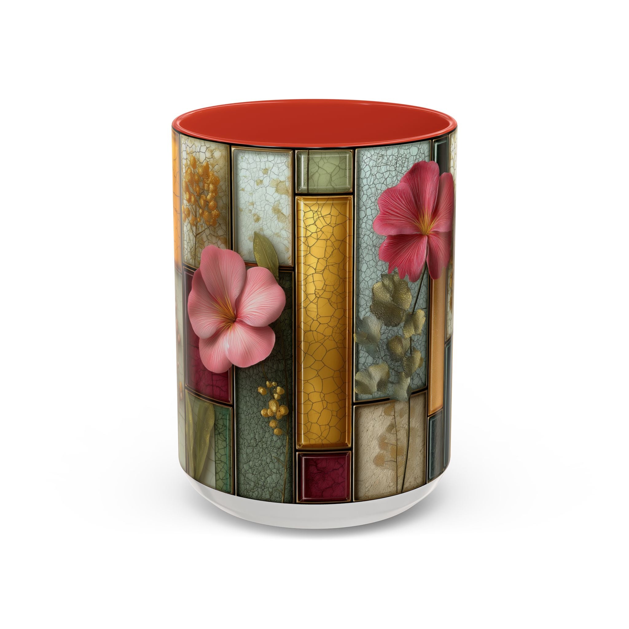 Floral Stained Glass Accent Coffee Mug — Botanical Patchwork Design (11/15 oz)